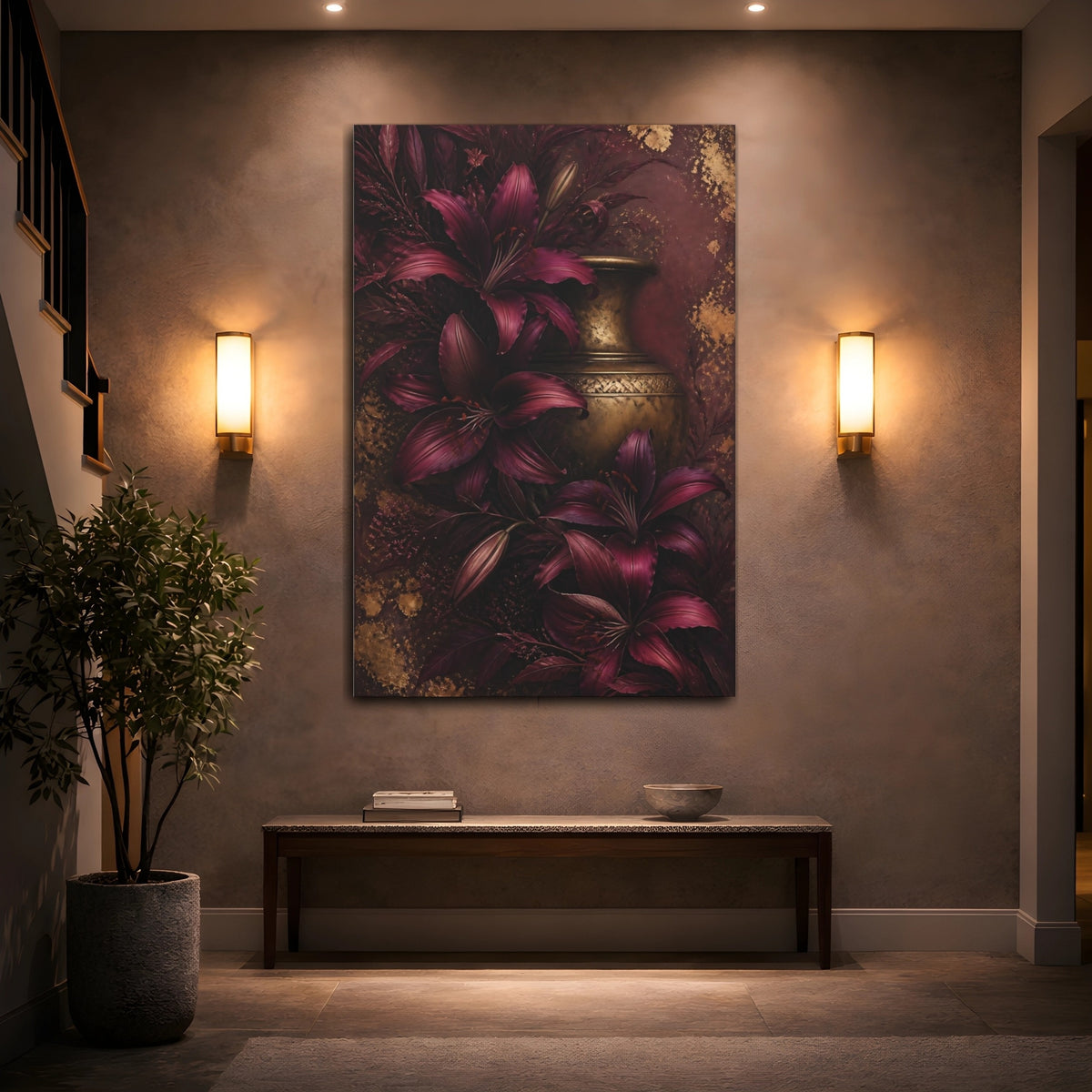 Mockup 2. Burgundy Lilies And Brass Vase shown as canvas print