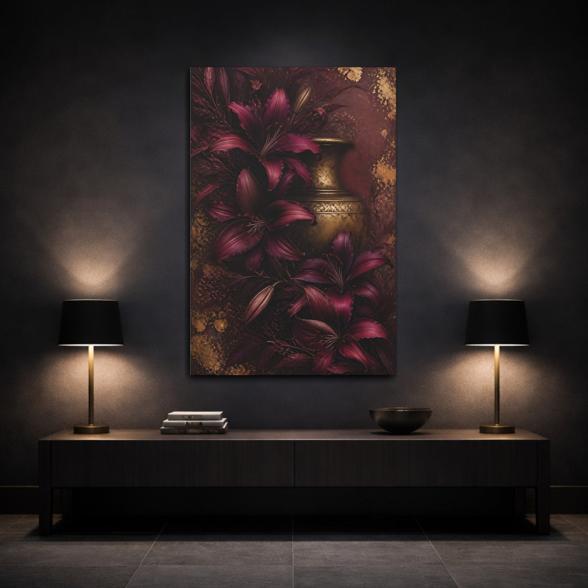 Mockup 3. Burgundy Lilies And Brass Vase shown as canvas print