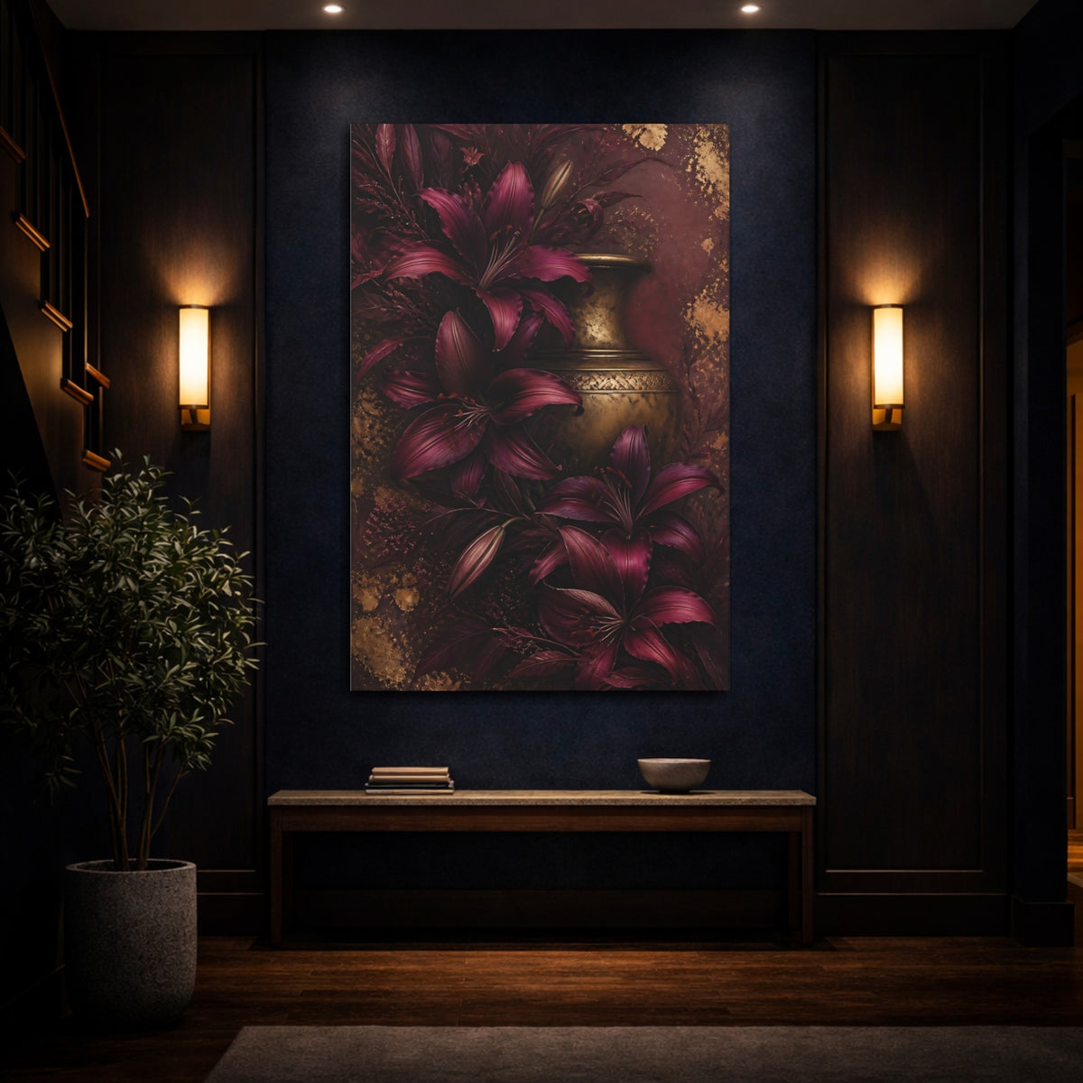 Mockup 4. Burgundy Lilies And Brass Vase shown as canvas print