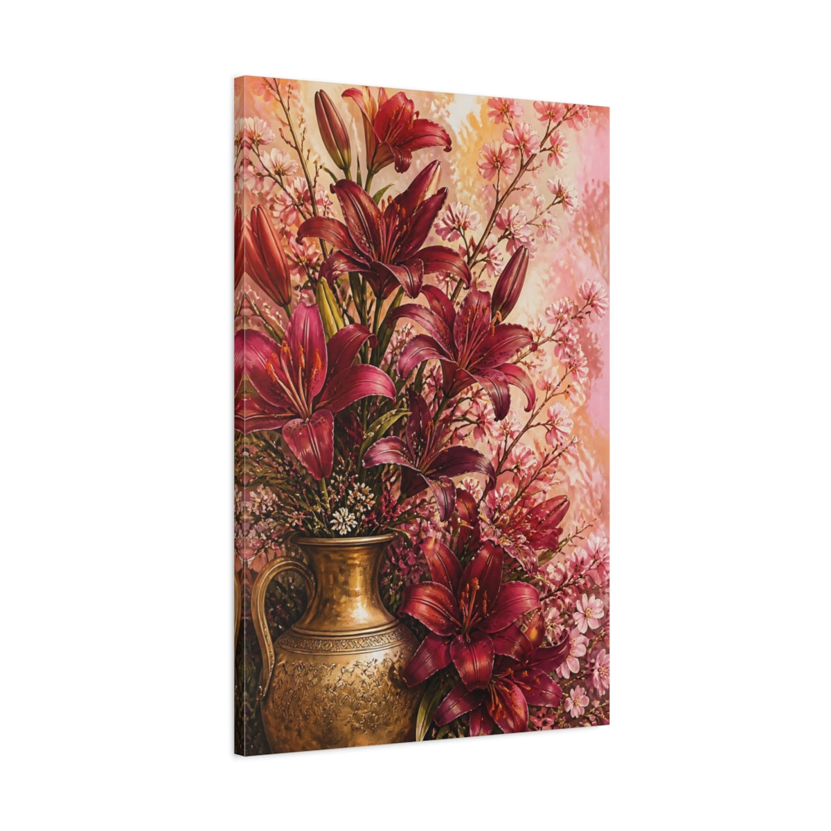Main Mockup. Burgundy Lily Flowers With Brass Vase shown as canvas print
