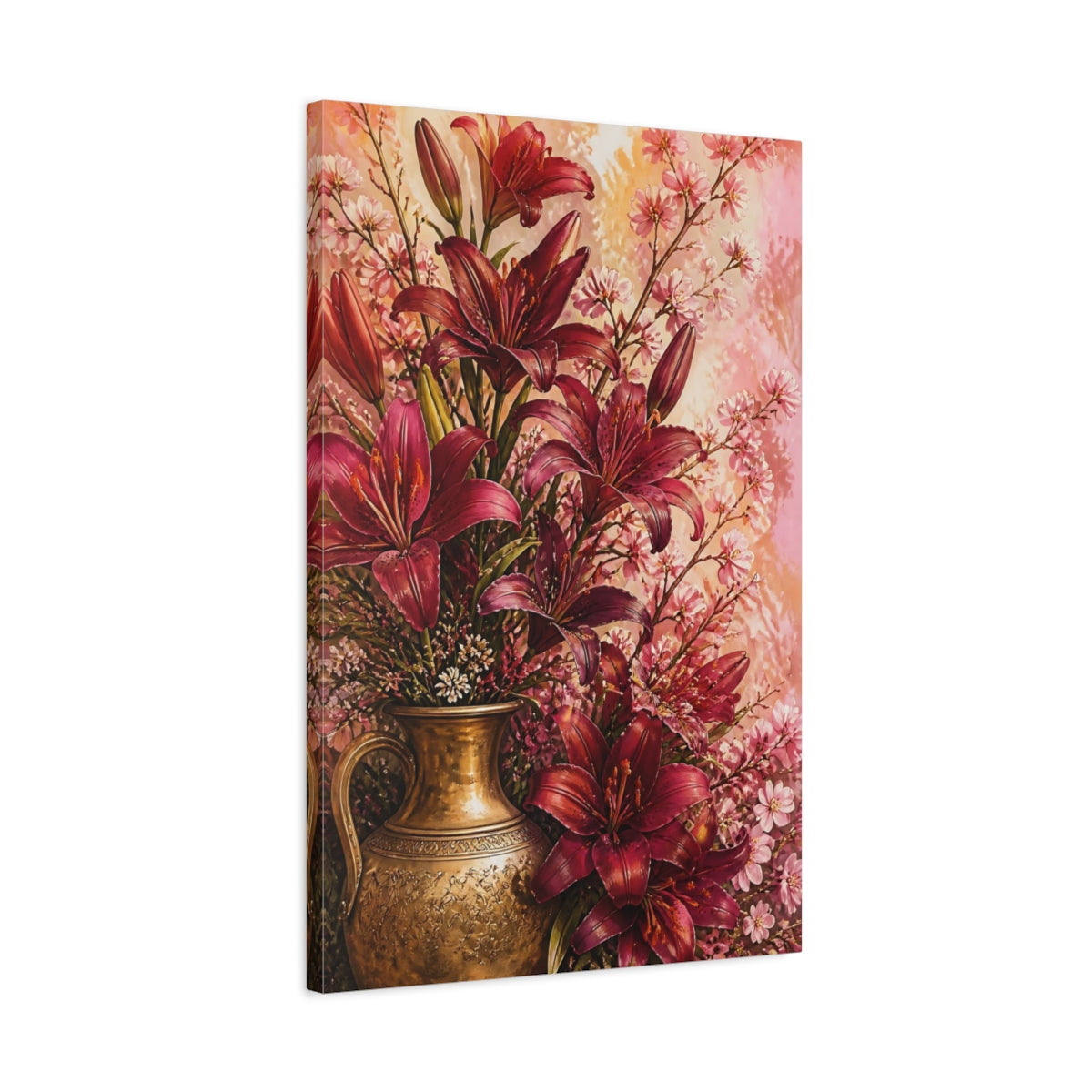 Side Mockup 2. Burgundy Lily Flowers With Brass Vase shown as canvas print