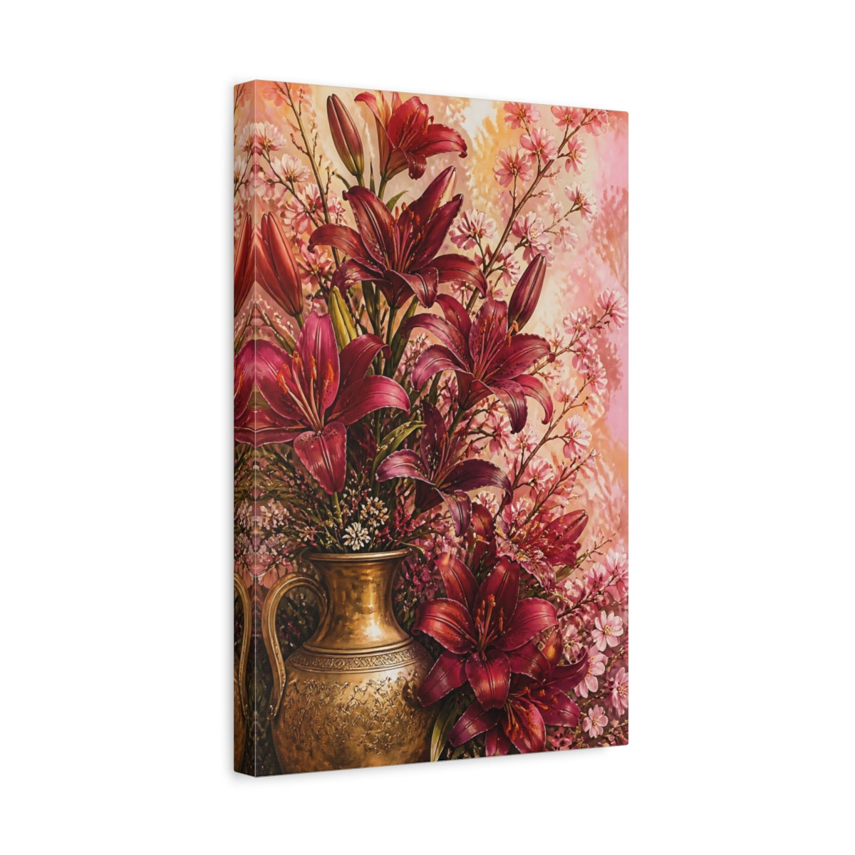 Side Mockup 4. Burgundy Lily Flowers With Brass Vase shown as canvas print