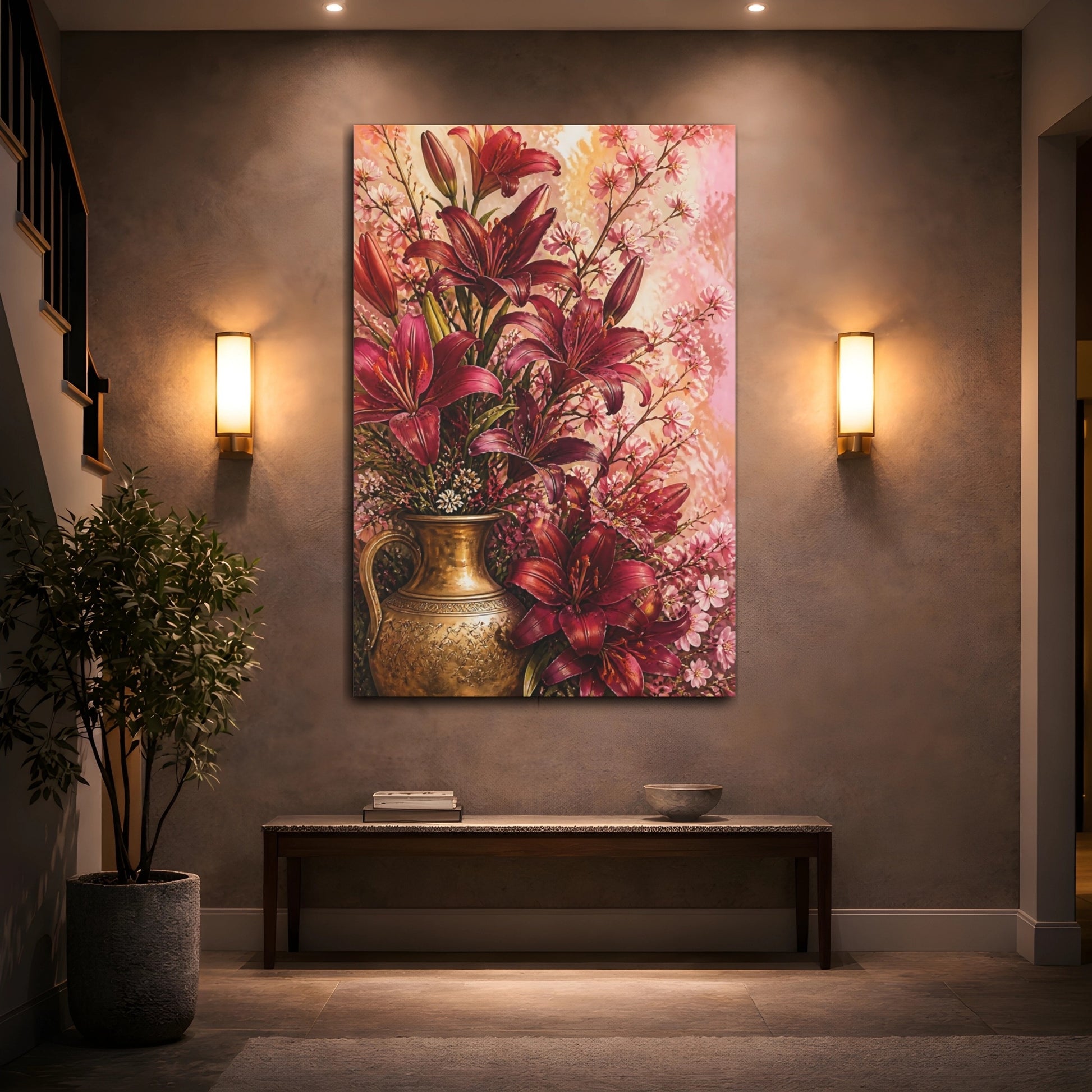 Mockup 2. Burgundy Lily Flowers With Brass Vase shown as canvas print