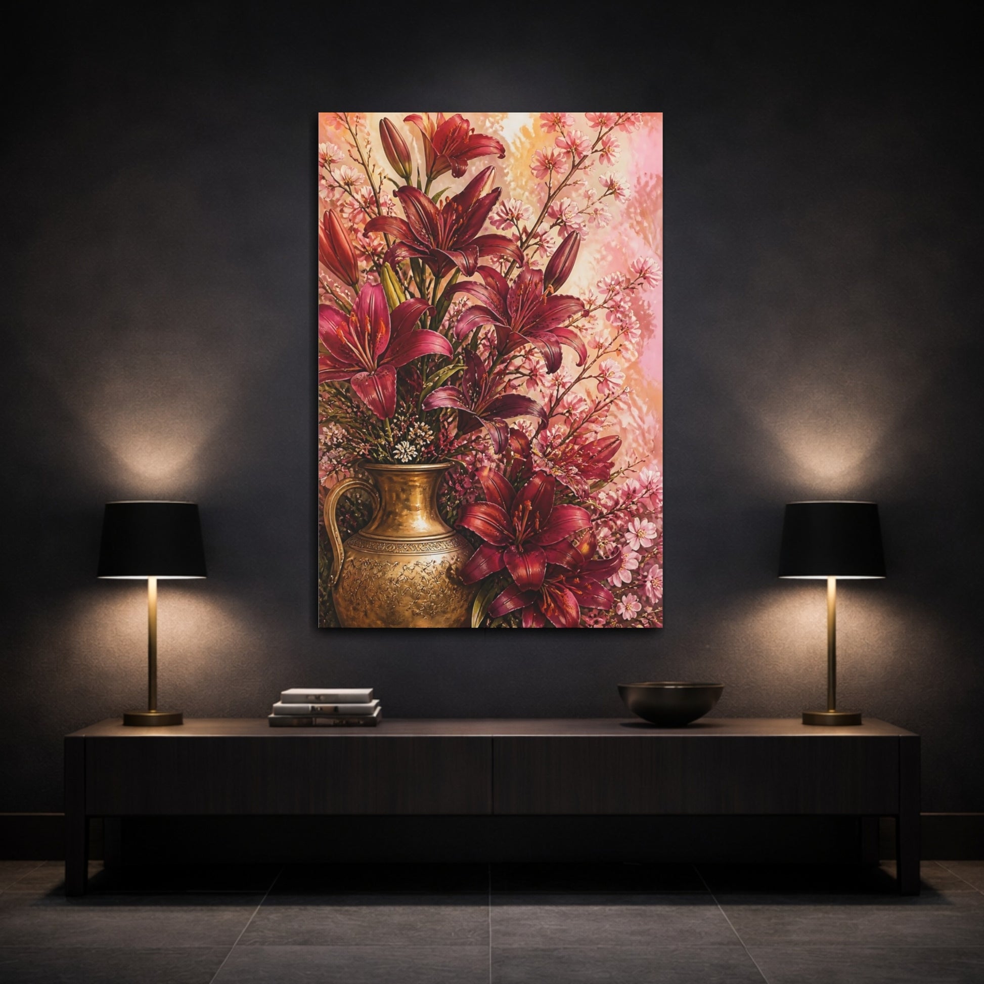Mockup 3. Burgundy Lily Flowers With Brass Vase shown as canvas print