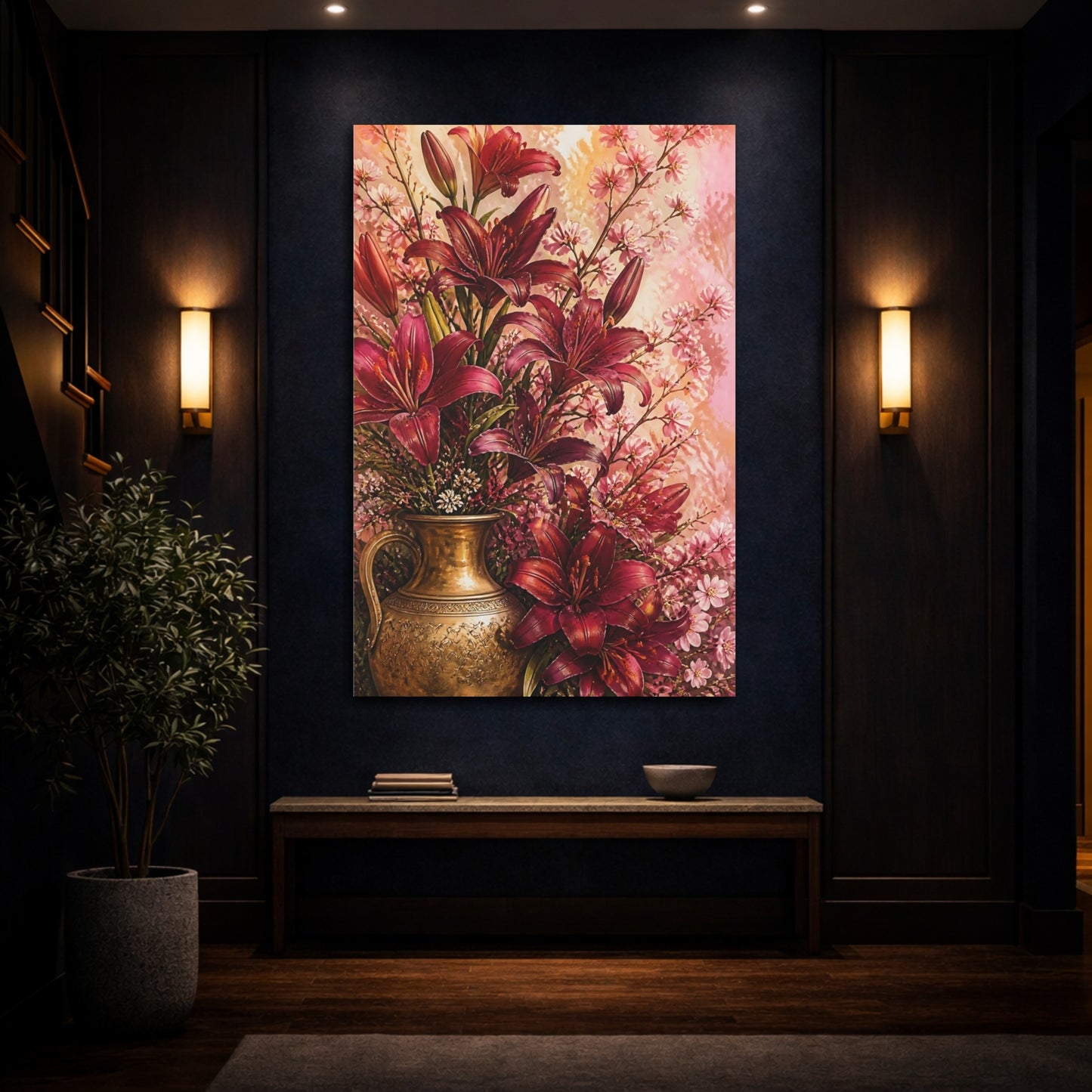 Mockup 4. Burgundy Lily Flowers With Brass Vase shown as canvas print