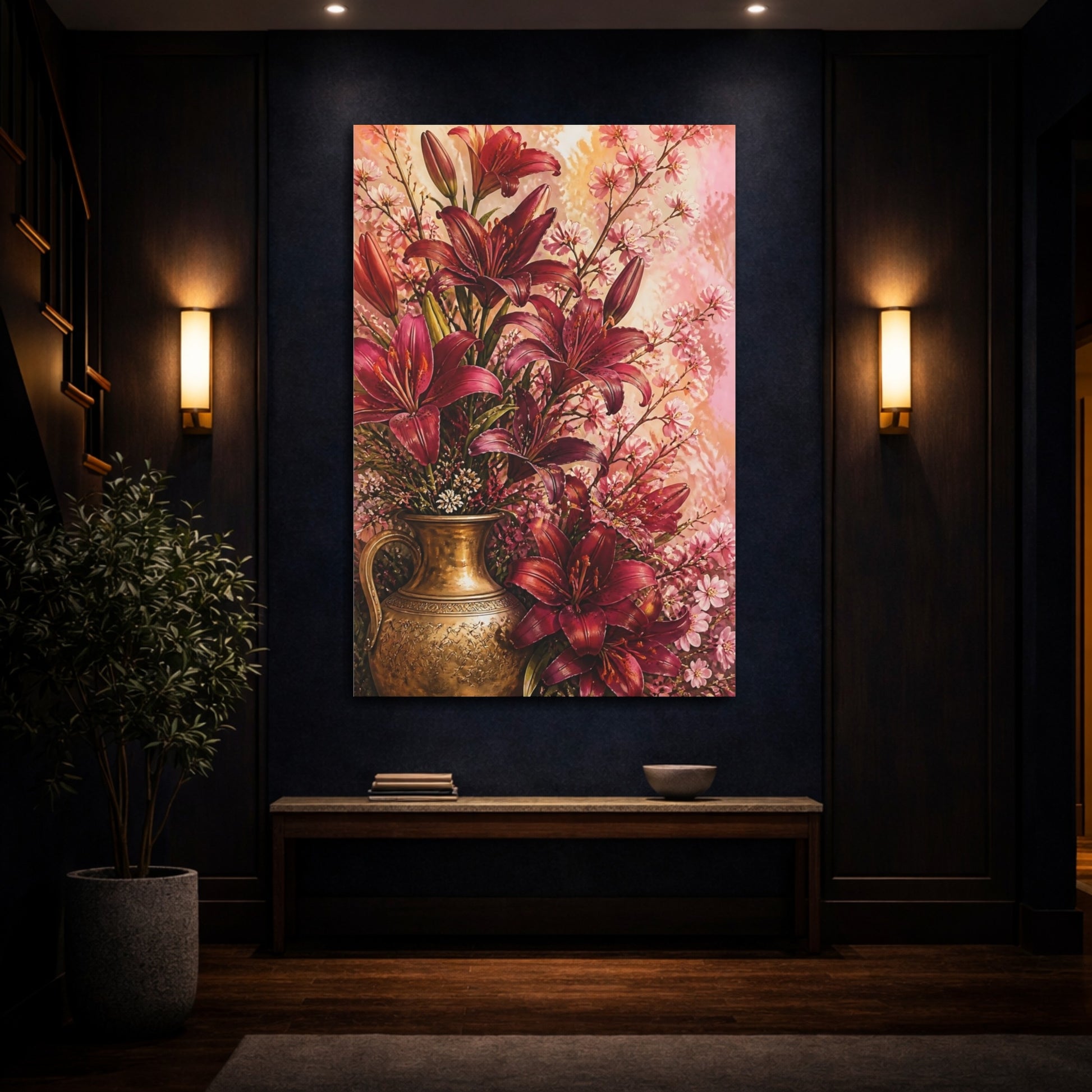 Mockup 4. Burgundy Lily Flowers With Brass Vase shown as canvas print