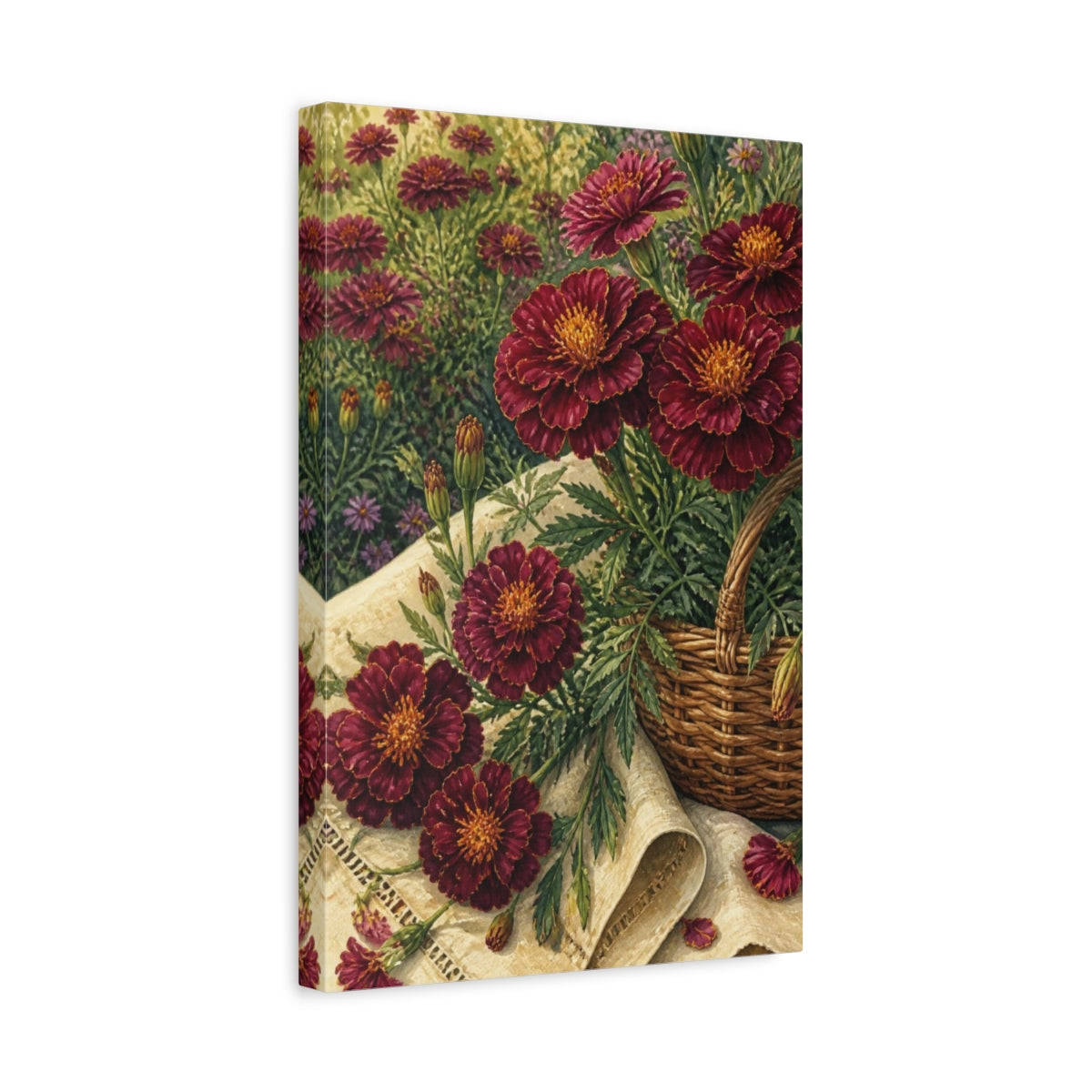 Side Mockup 4. Burgundy Marigold Flowers shown as canvas print