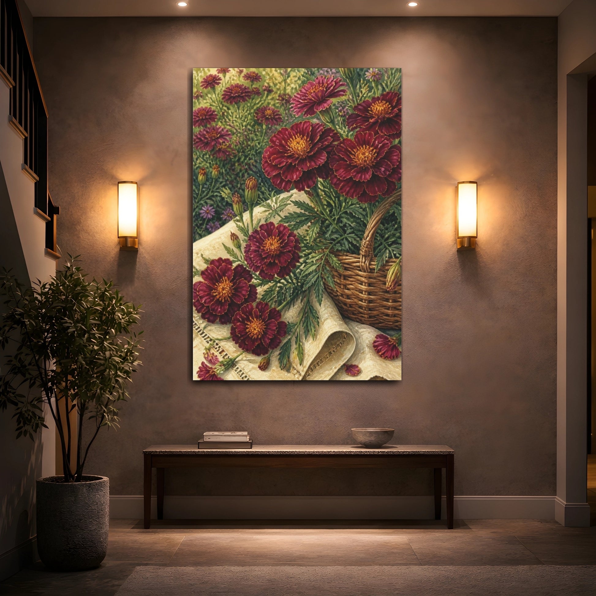 Mockup 2. Burgundy Marigold Flowers shown as canvas print