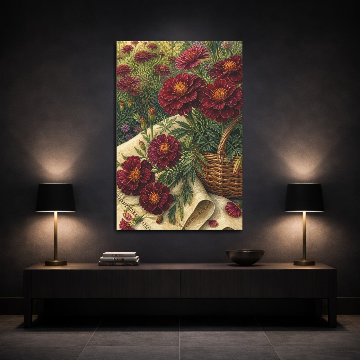 Mockup 3. Burgundy Marigold Flowers shown as canvas print