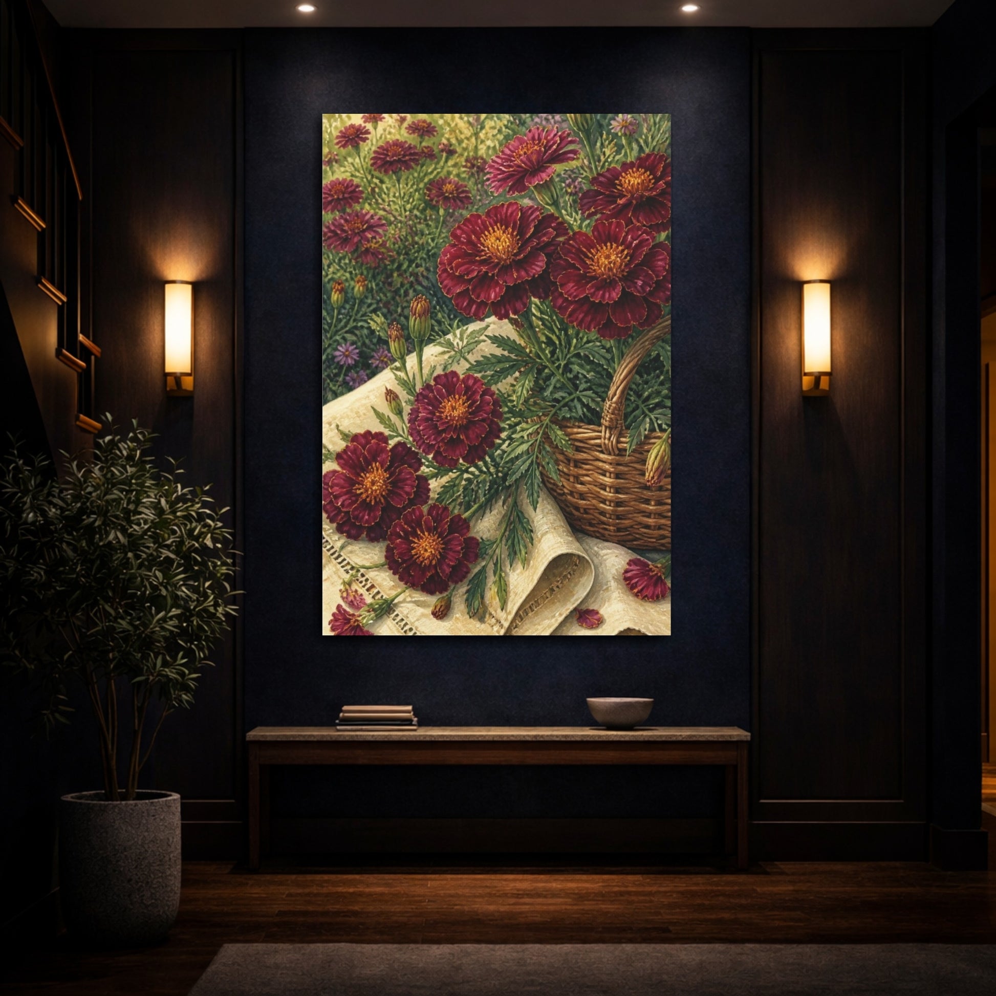 Mockup 4. Burgundy Marigold Flowers shown as canvas print