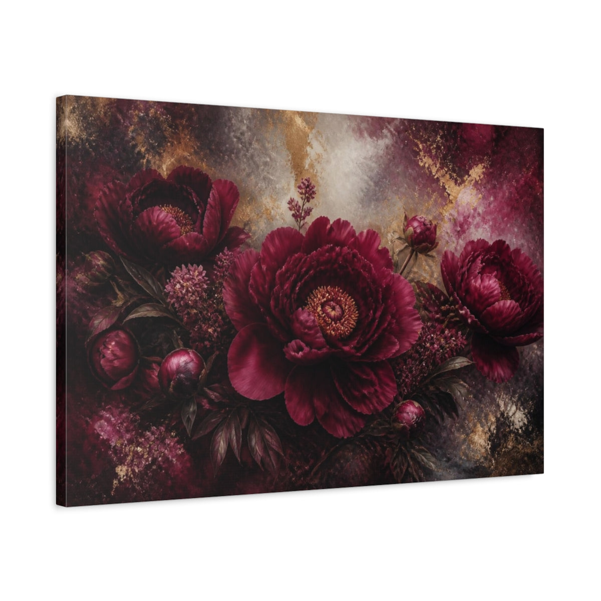 Side Mockup 2. Burgundy Peony Flower shown as canvas print