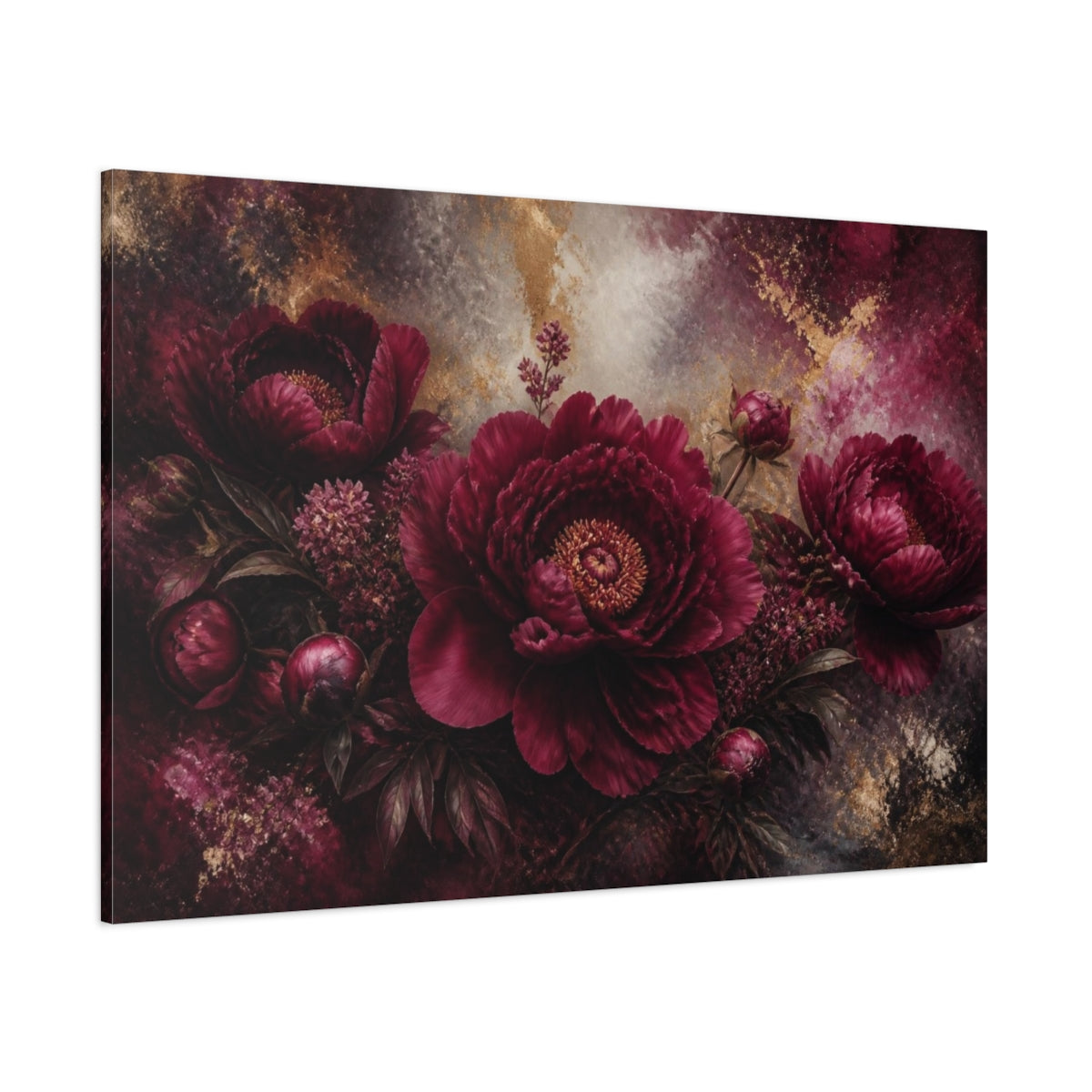 Side Mockup 1. Burgundy Peony Flower shown as canvas print