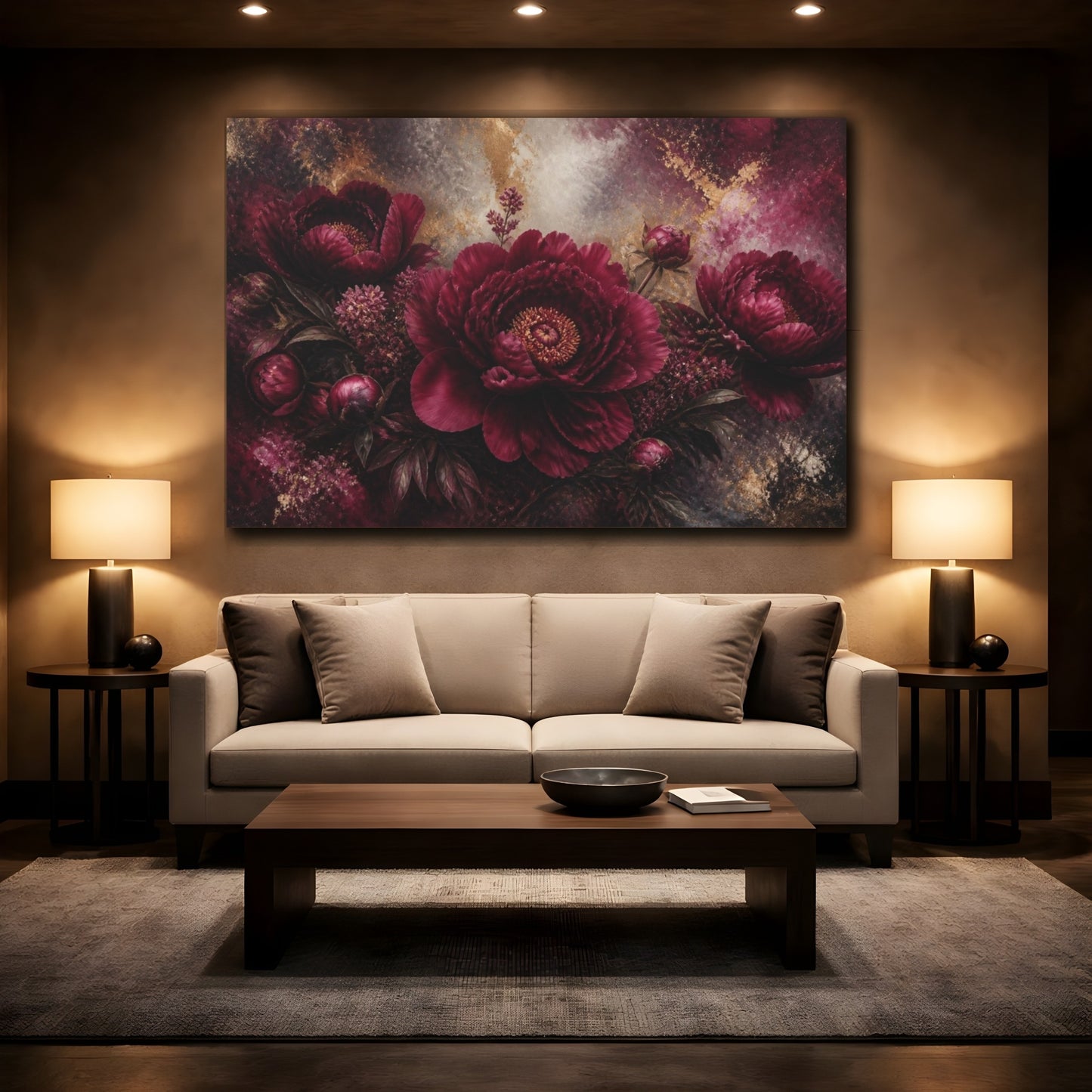 Mockup 2. Burgundy Peony Flower shown as canvas print