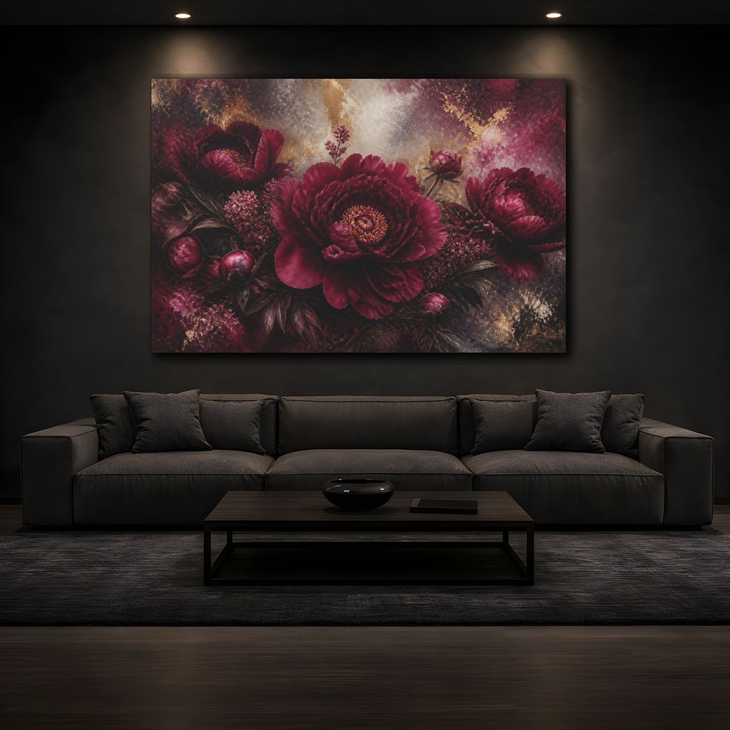 Mockup 3. Burgundy Peony Flower shown as canvas print