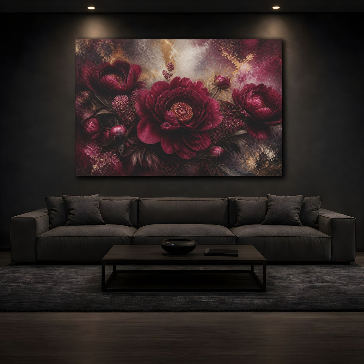 Mockup 3. Burgundy Peony Flower shown as canvas print