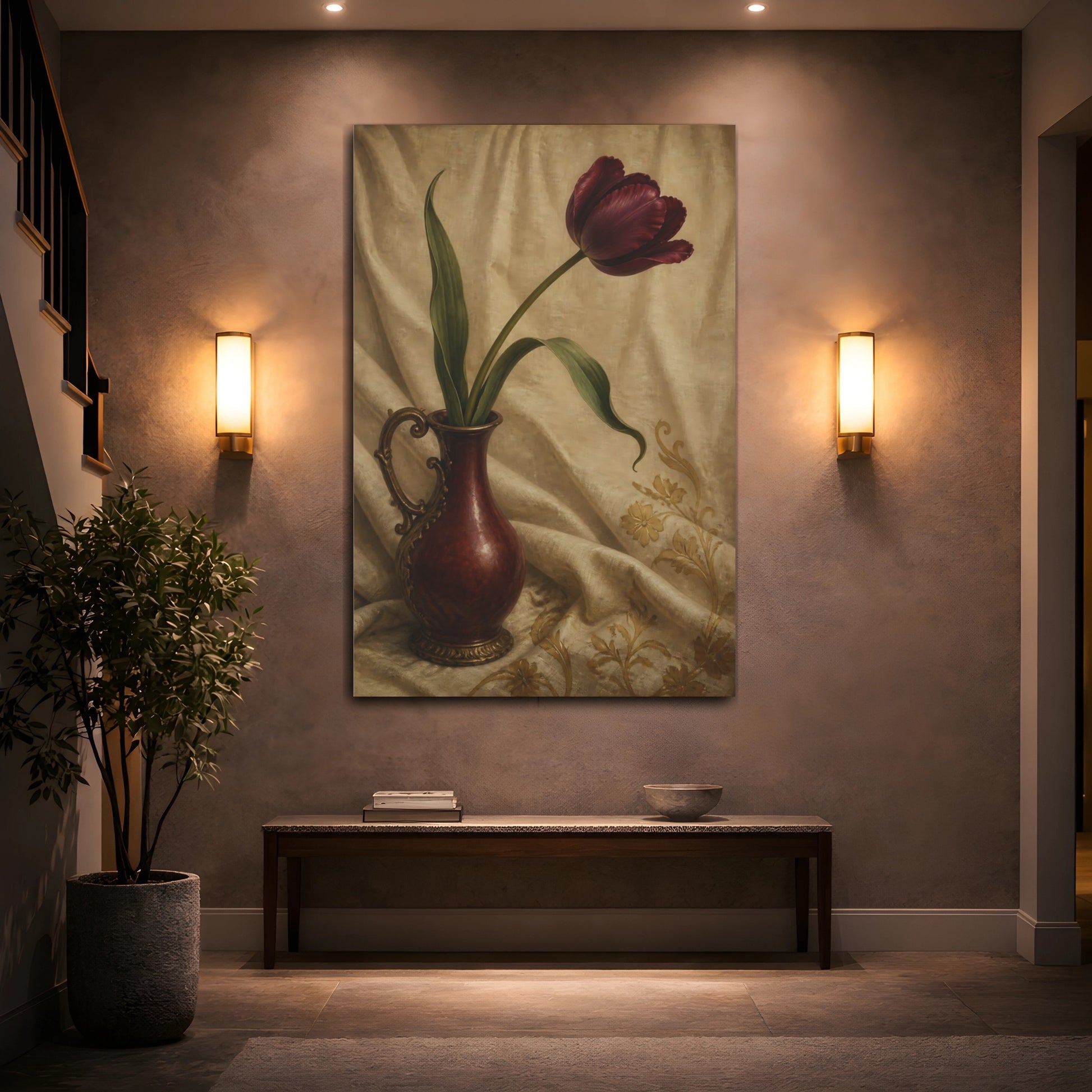 Mockup 2. Burgundy Tulip Flower Study shown as canvas print
