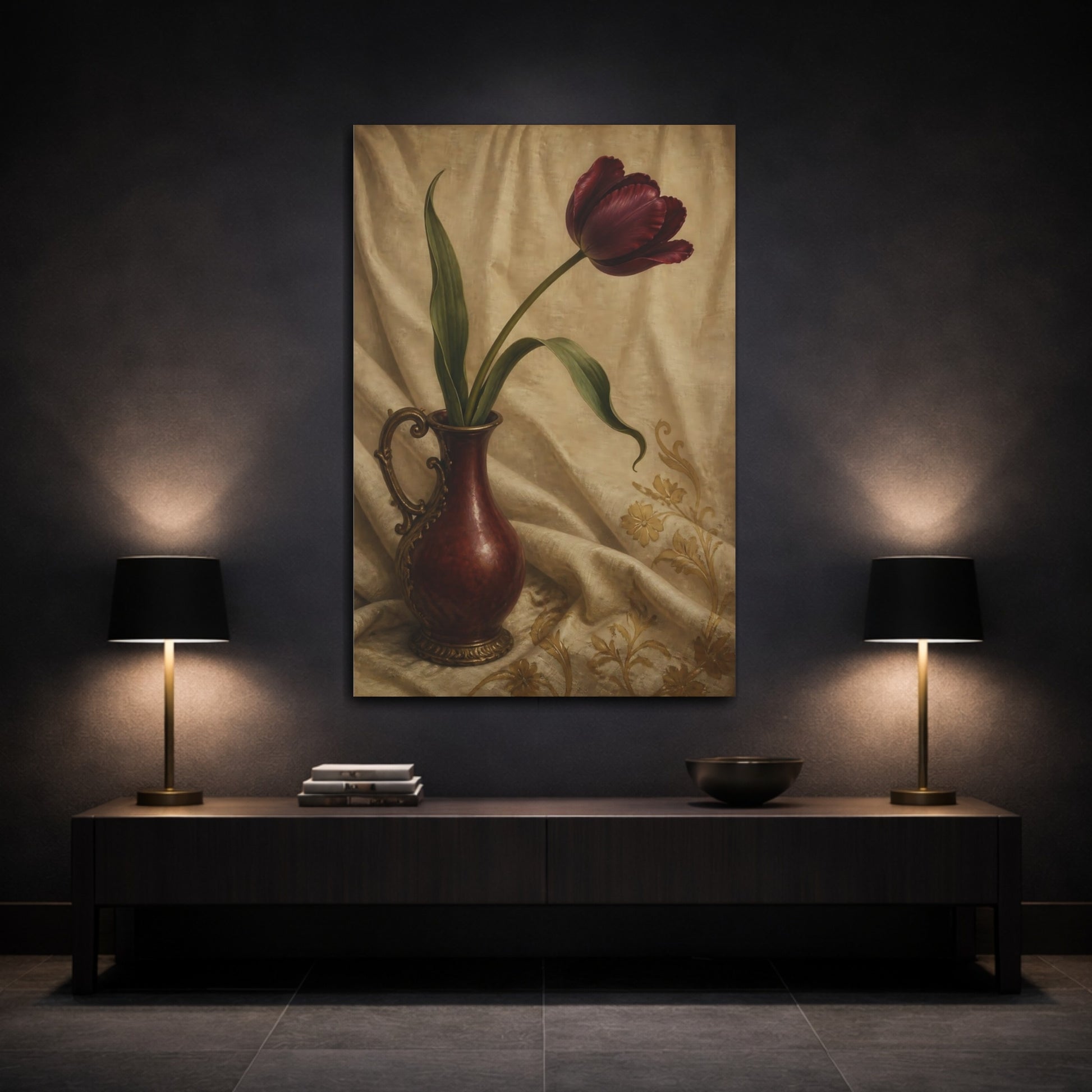 Mockup 3. Burgundy Tulip Flower Study shown as canvas print