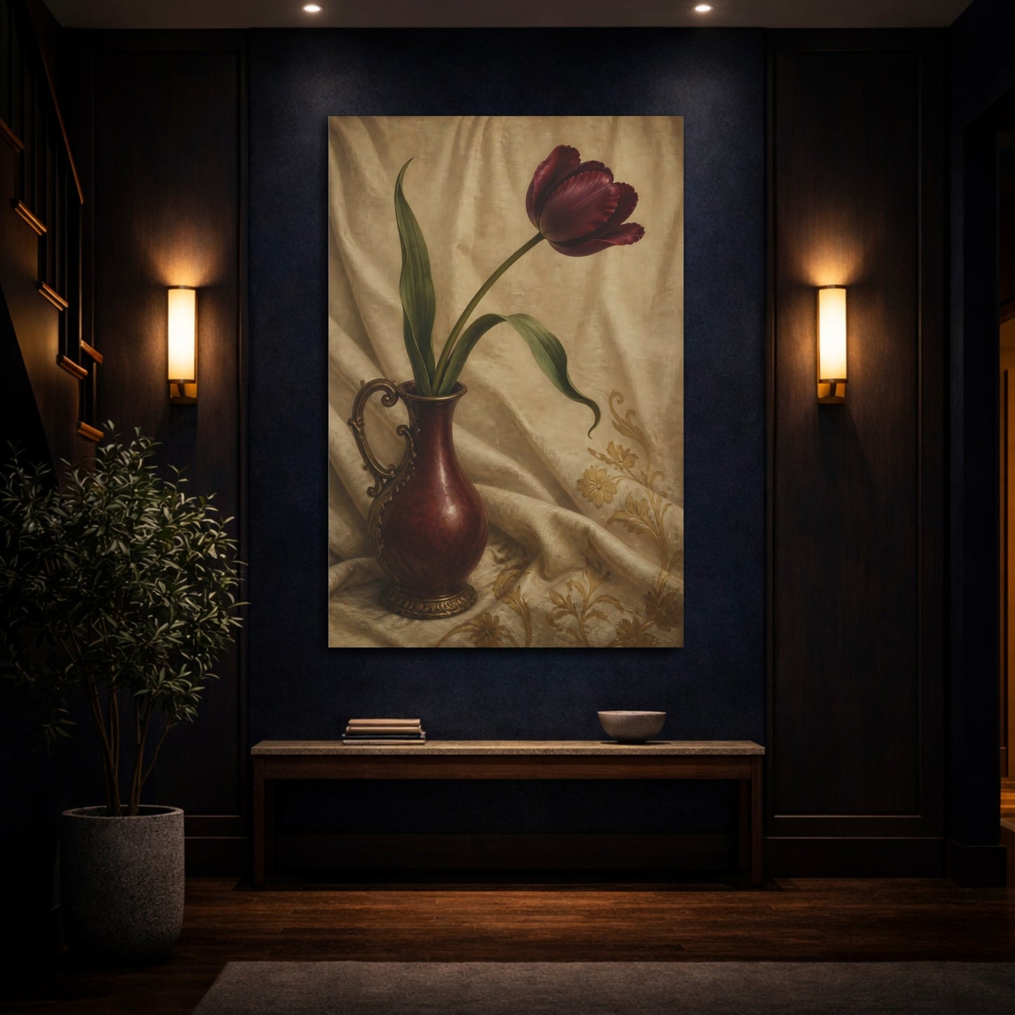 Mockup 4. Burgundy Tulip Flower Study shown as canvas print