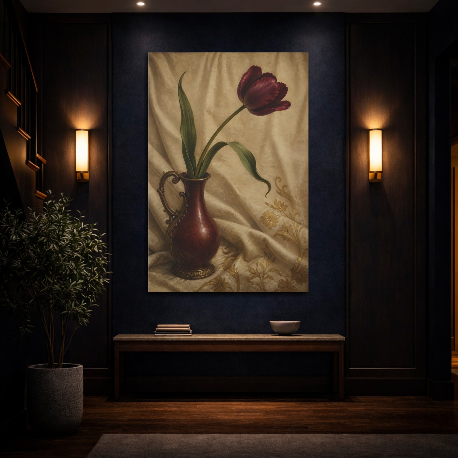 Mockup 4. Burgundy Tulip Flower Study shown as canvas print