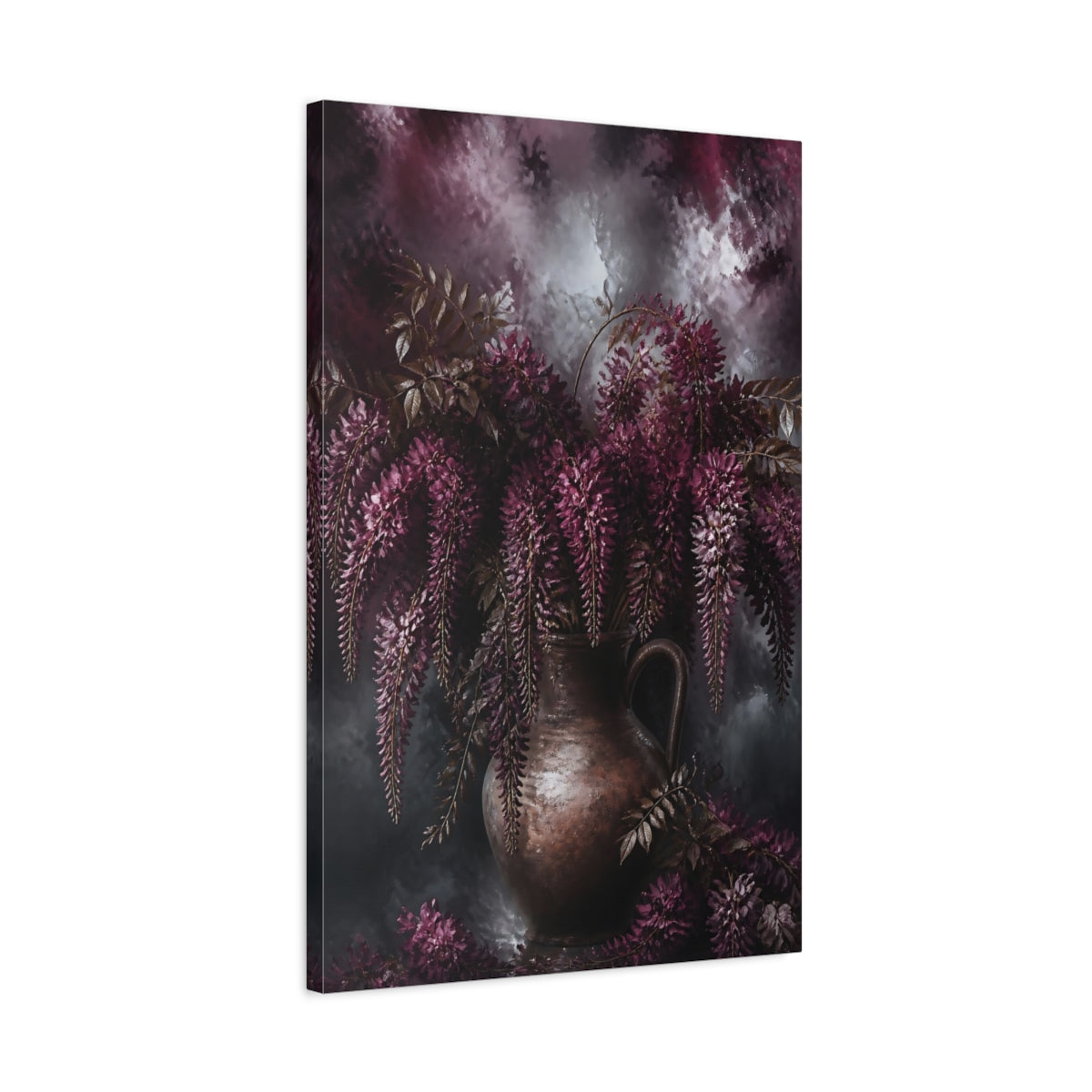 Side Mockup 2. Burgundy Wisteria Flowers shown as canvas print