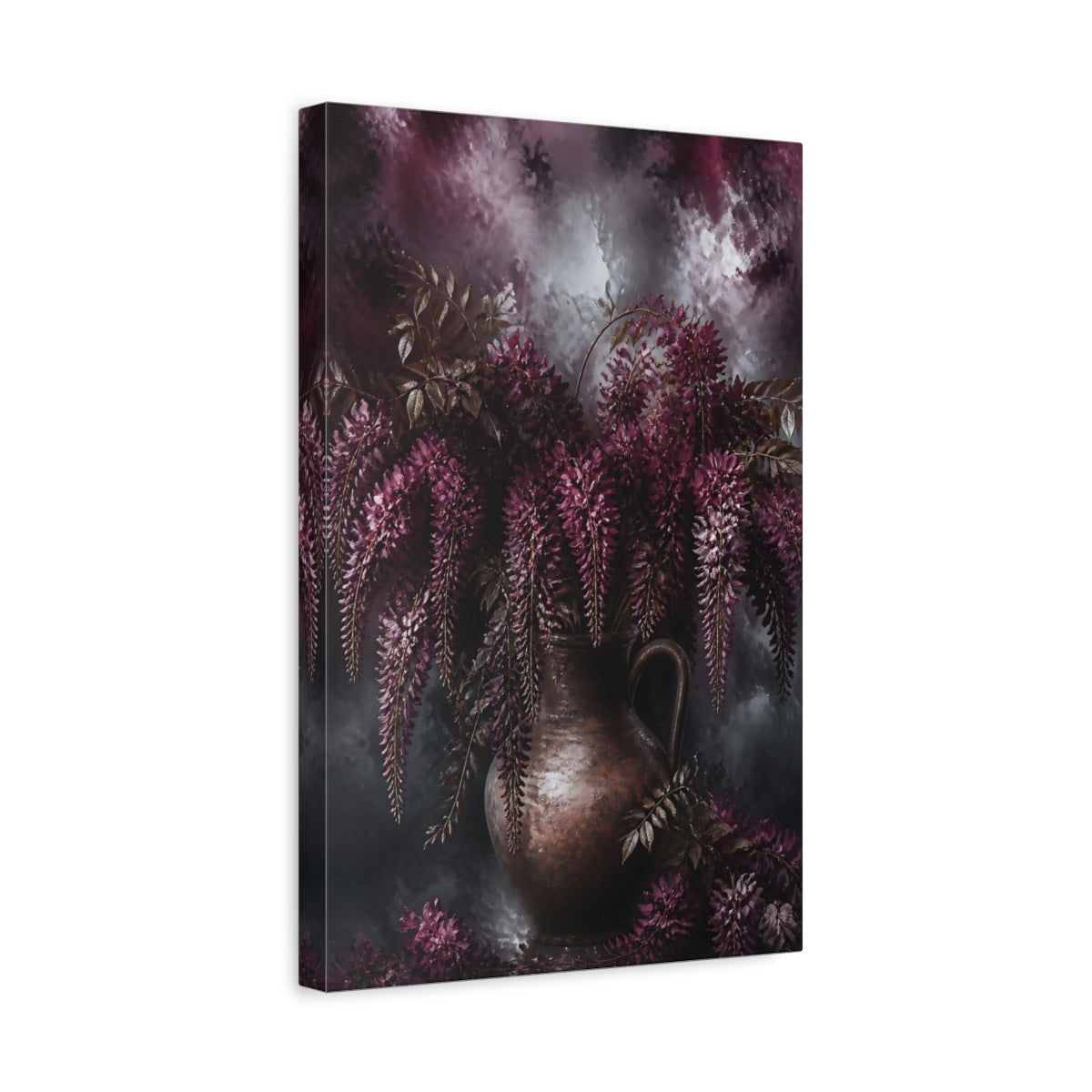 Side Mockup 4. Burgundy Wisteria Flowers shown as canvas print