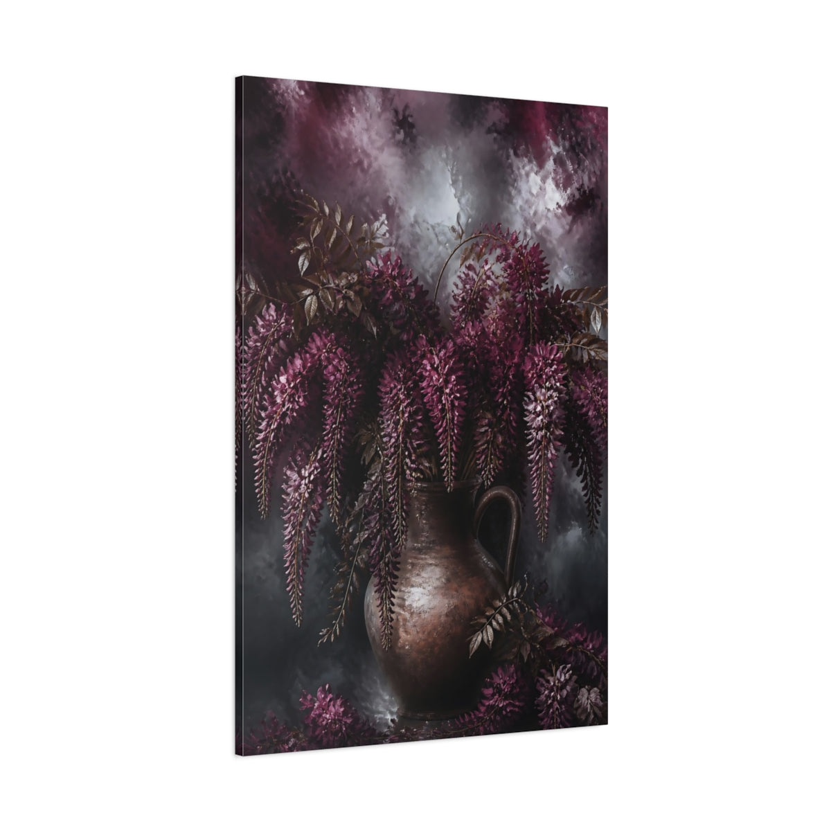 Side Mockup 1. Burgundy Wisteria Flowers shown as canvas print