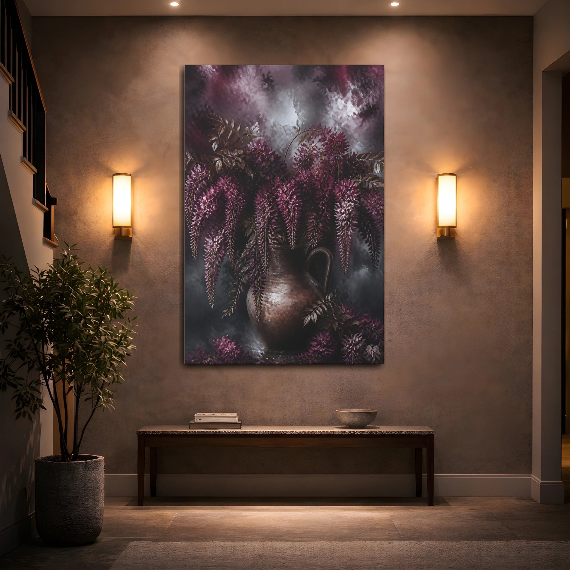 Mockup 2. Burgundy Wisteria Flowers shown as canvas print