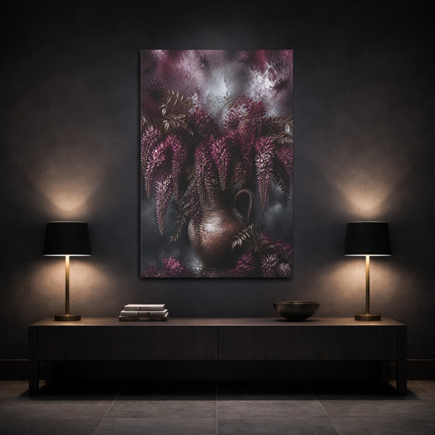 Mockup 3. Burgundy Wisteria Flowers shown as canvas print