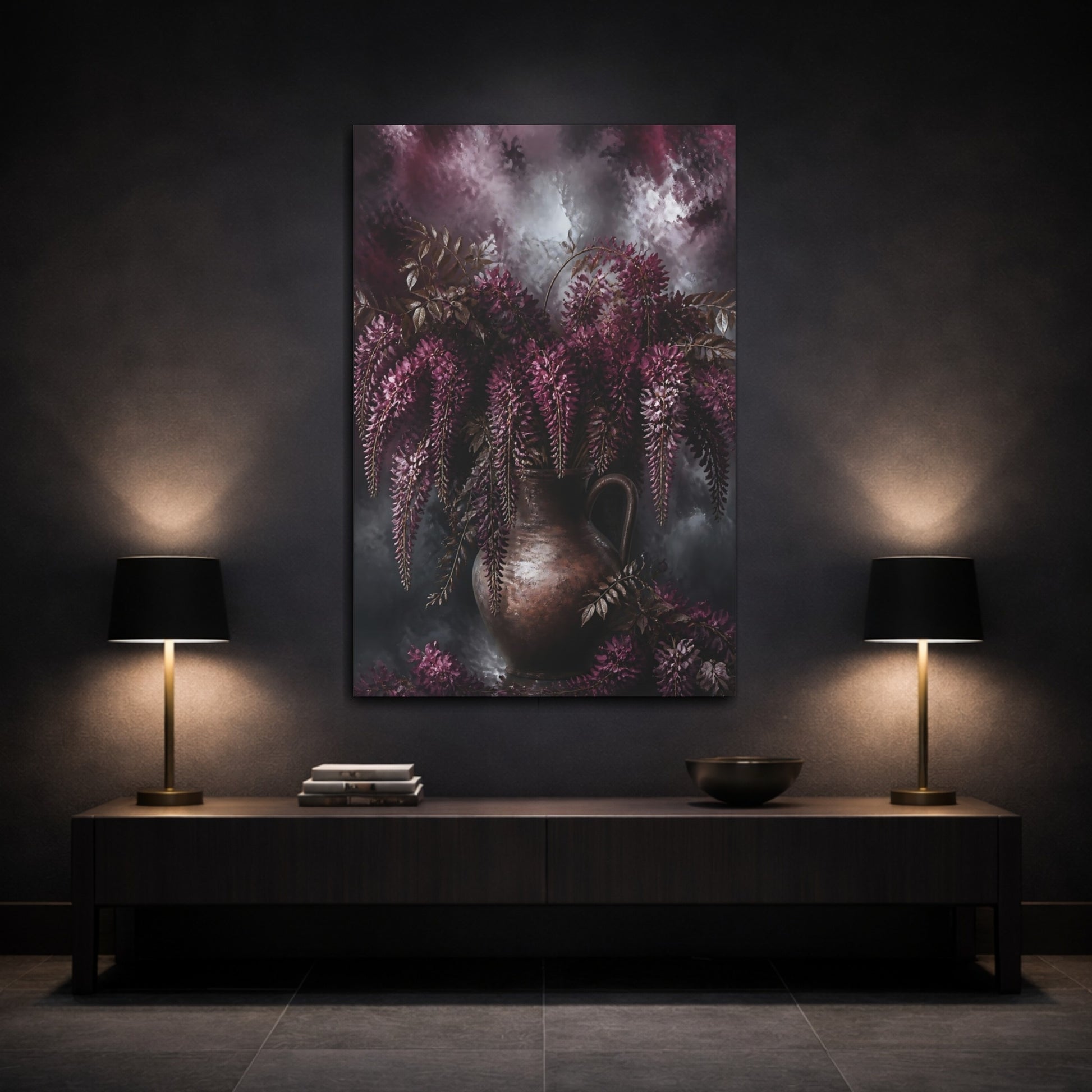Mockup 3. Burgundy Wisteria Flowers shown as canvas print