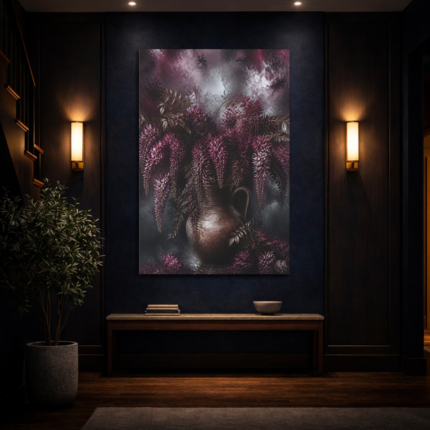 Mockup 4. Burgundy Wisteria Flowers shown as canvas print
