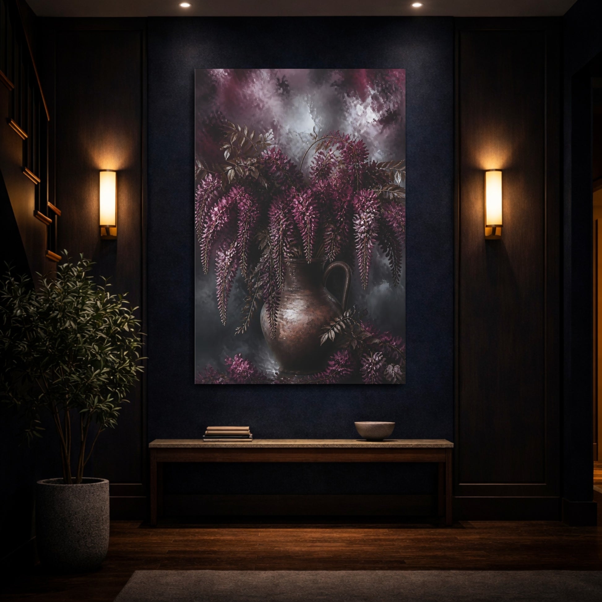 Mockup 4. Burgundy Wisteria Flowers shown as canvas print