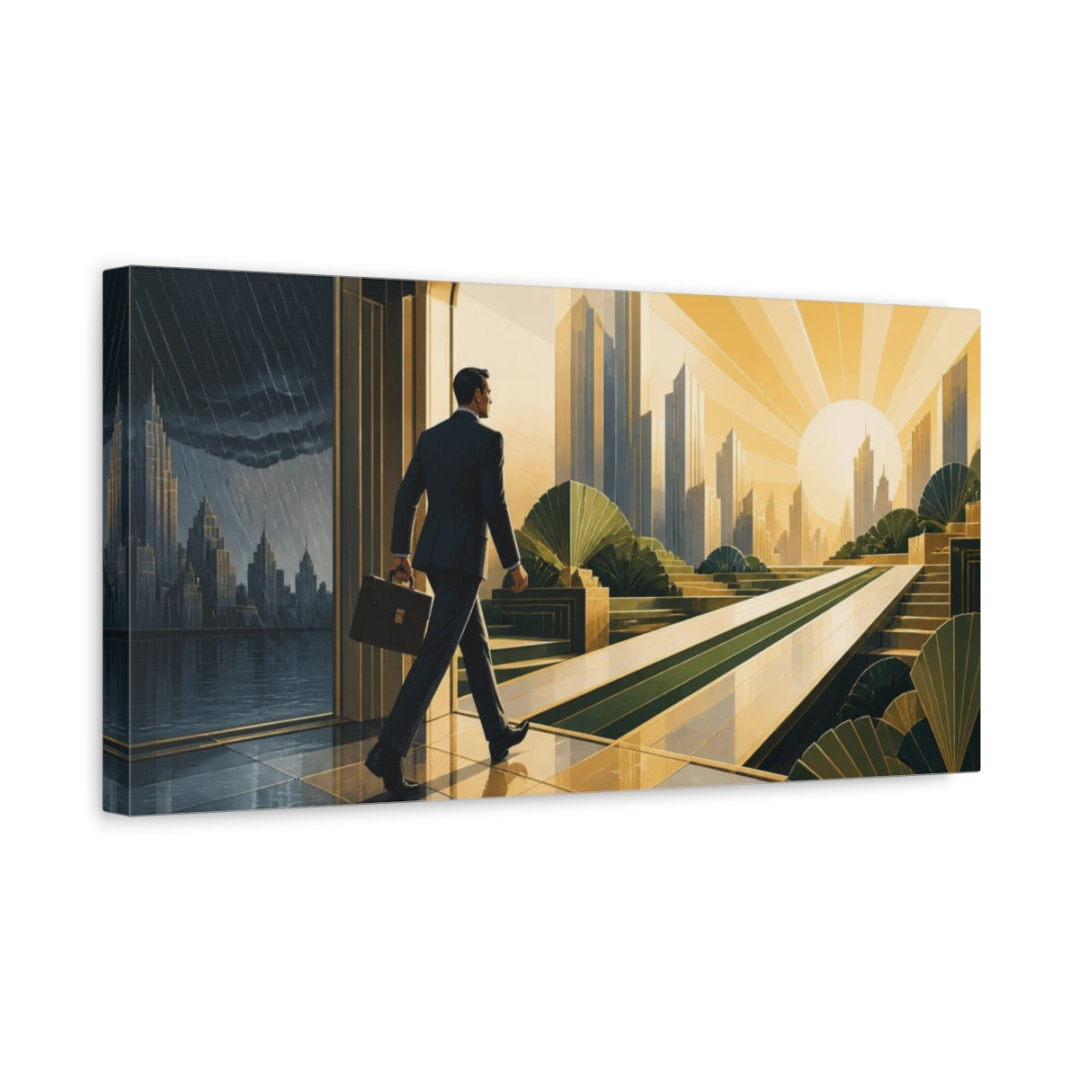 Side Mockup 3. Businessman Motivation Sunrise shown as canvas print