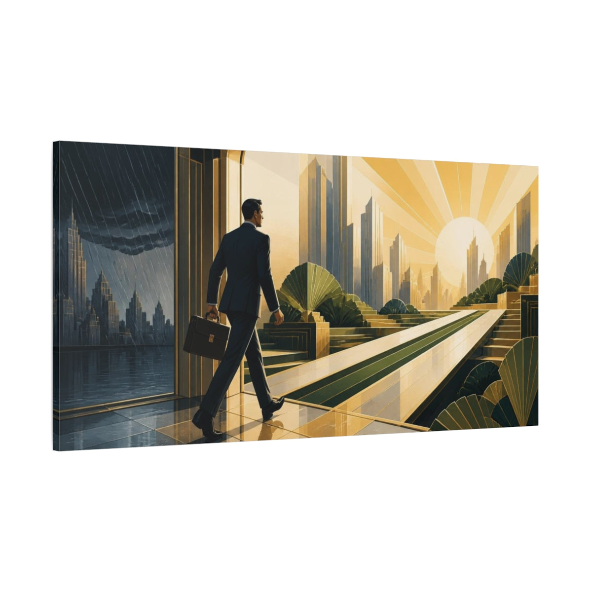 Side Mockup 2. Businessman Motivation Sunrise shown as canvas print