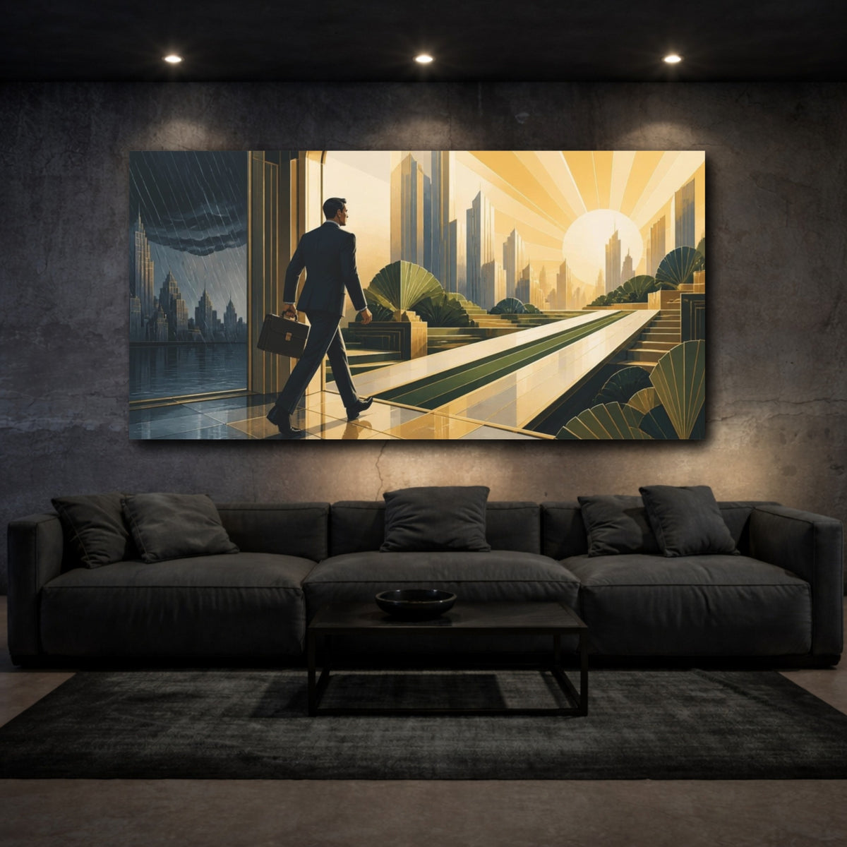 Mockup 3. Businessman Motivation Sunrise shown as canvas print