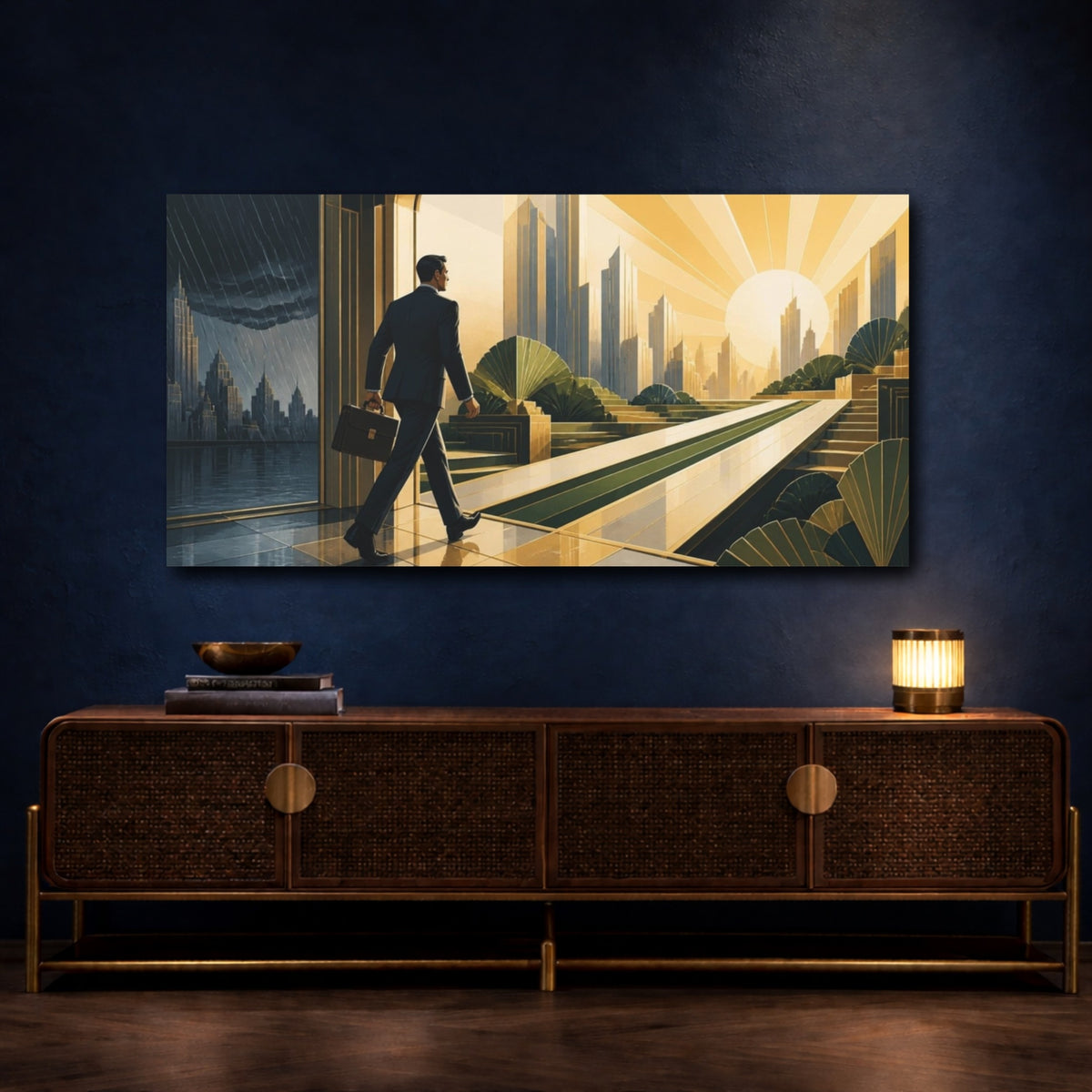 Mockup 4. Businessman Motivation Sunrise shown as canvas print