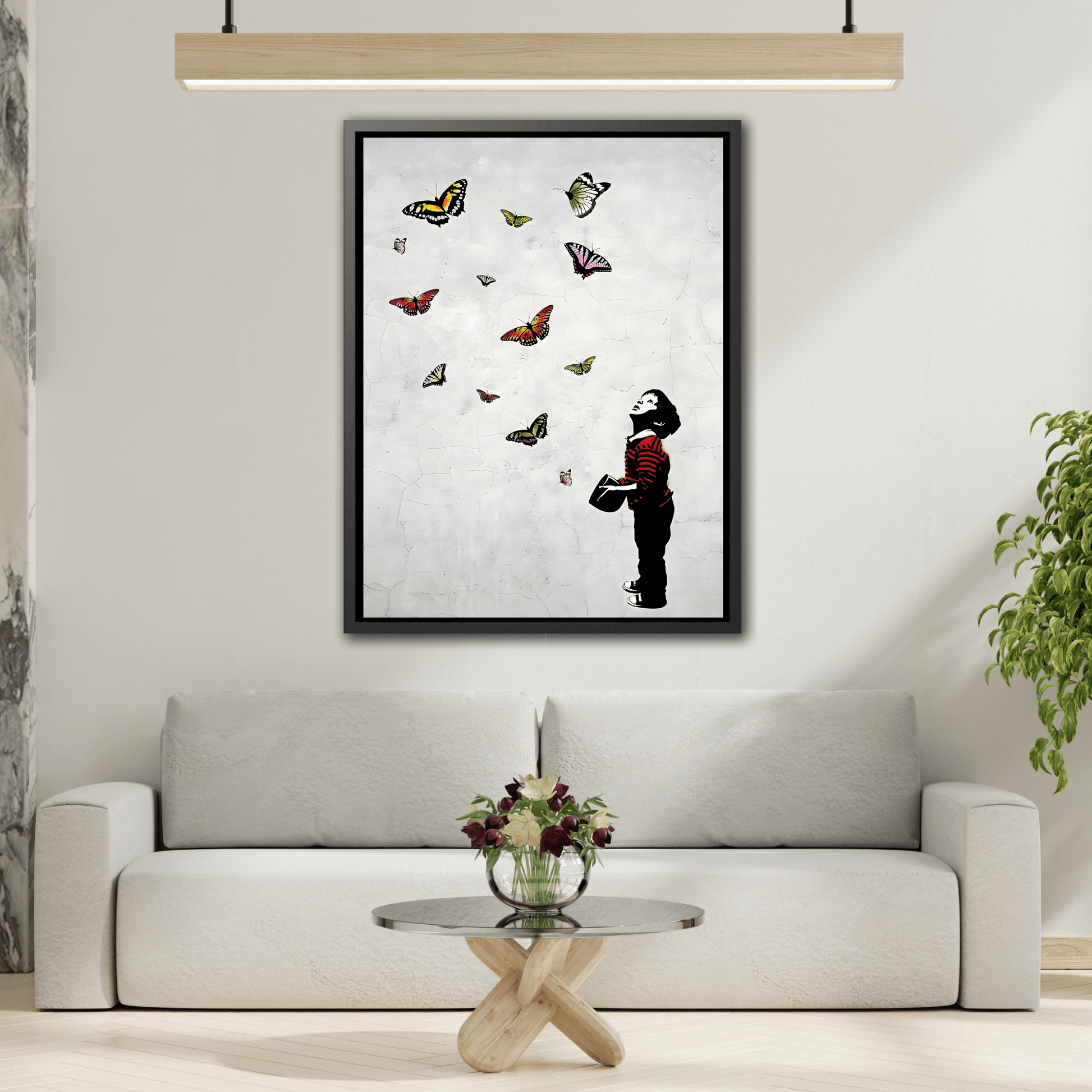 Butterfly Banksy Boy Canvas Vintage Framed Wall Art Prints - YesArtYes