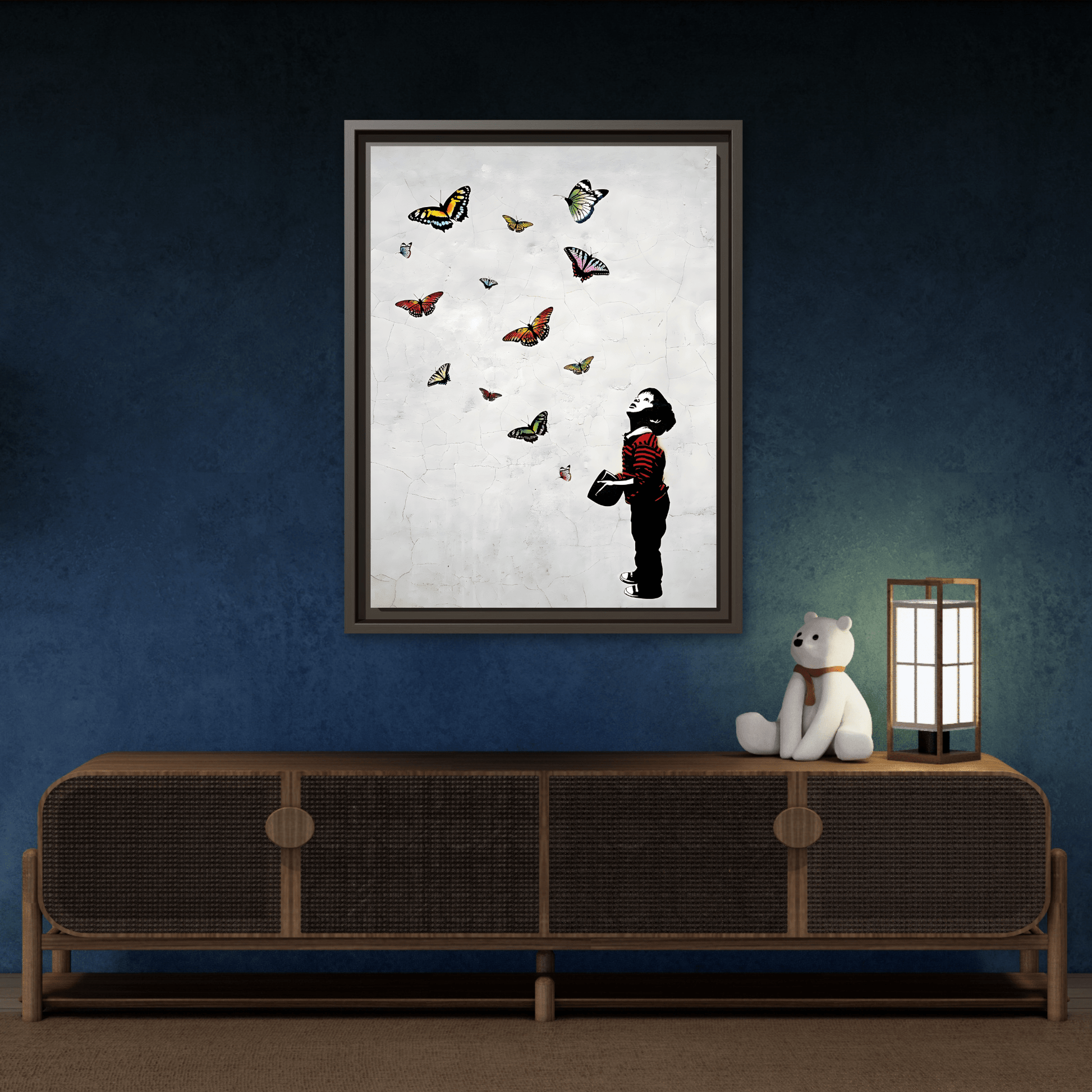 Butterfly Banksy Boy Canvas Vintage Framed Wall Art Prints - YesArtYes