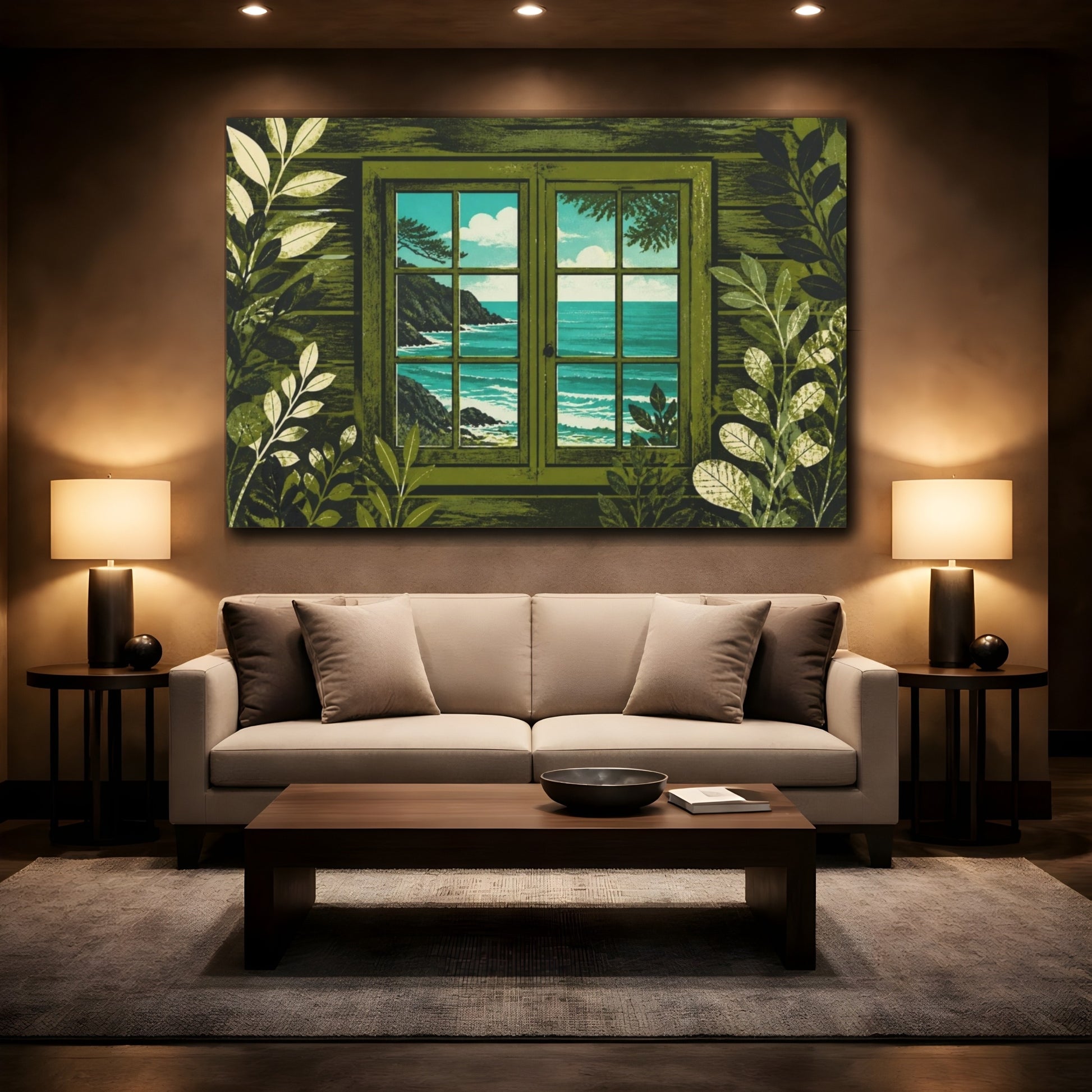 Mockup 2. Cabin Window To Sea shown as canvas print
