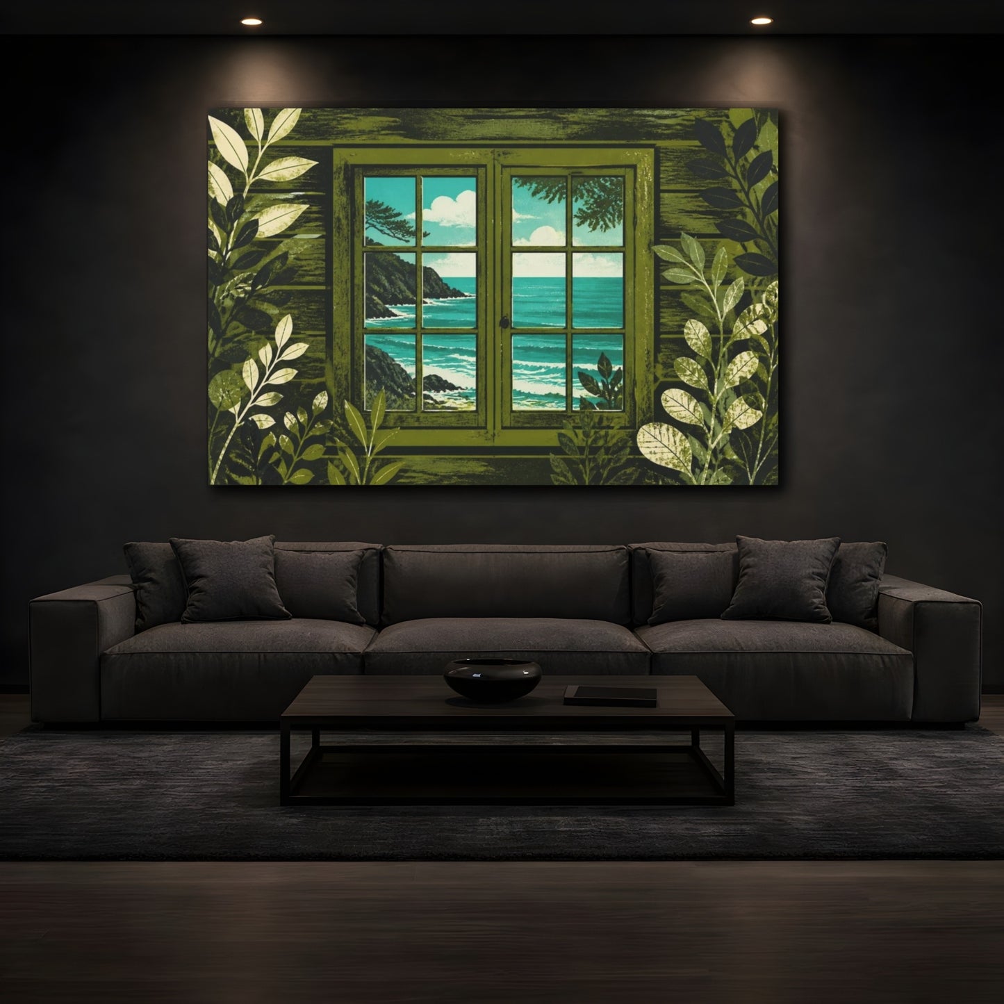 Mockup 3. Cabin Window To Sea shown as canvas print