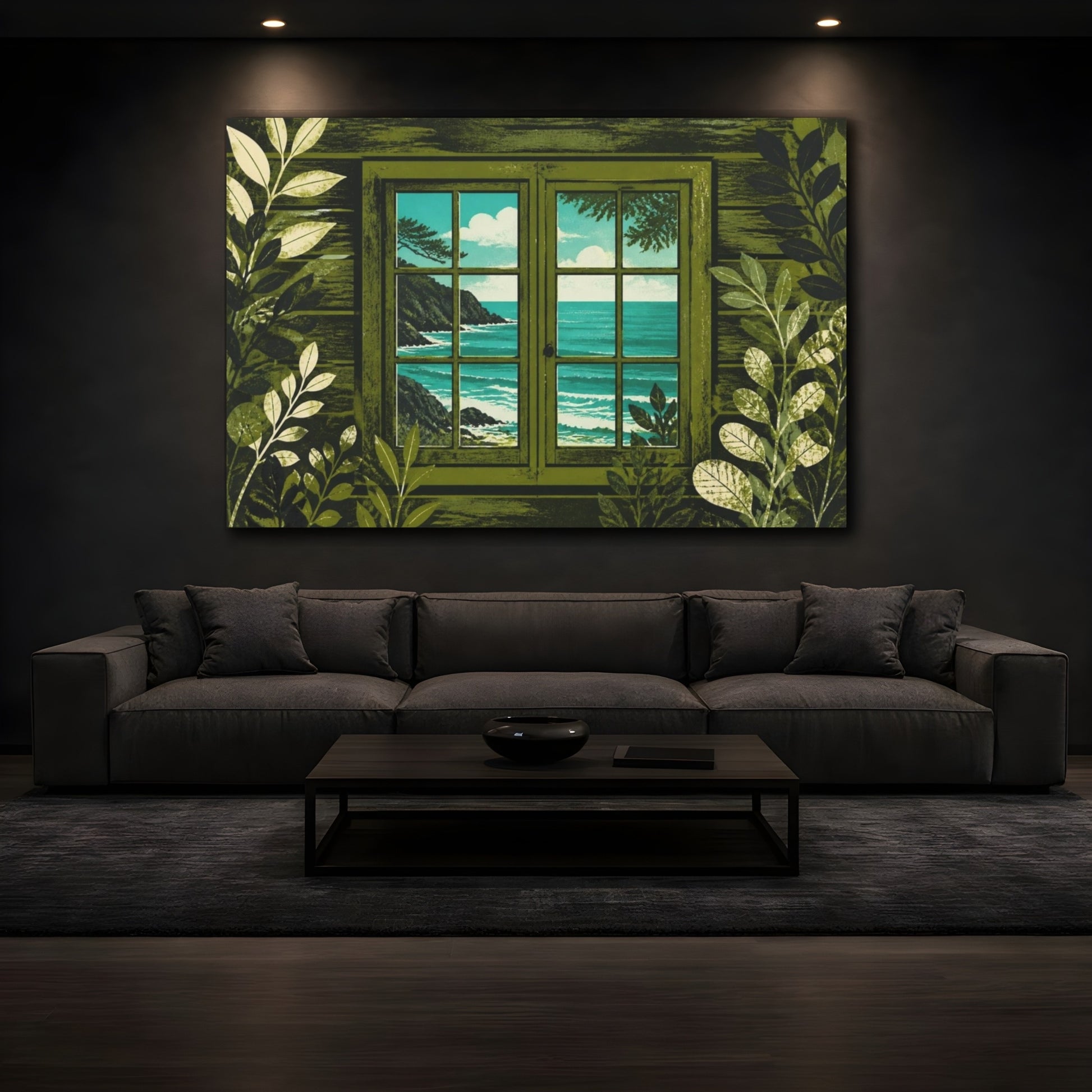 Mockup 3. Cabin Window To Sea shown as canvas print