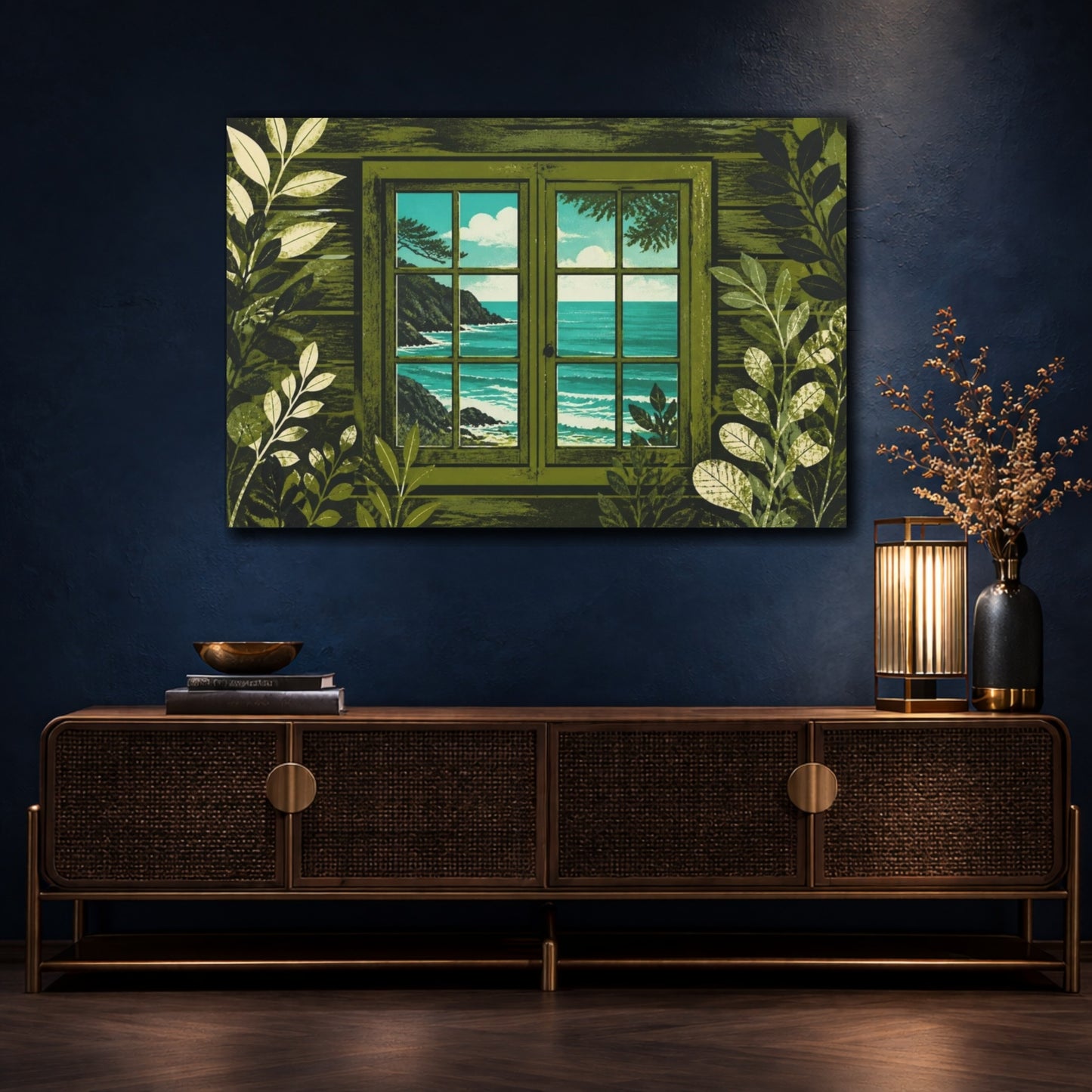 Mockup 4. Cabin Window To Sea shown as canvas print