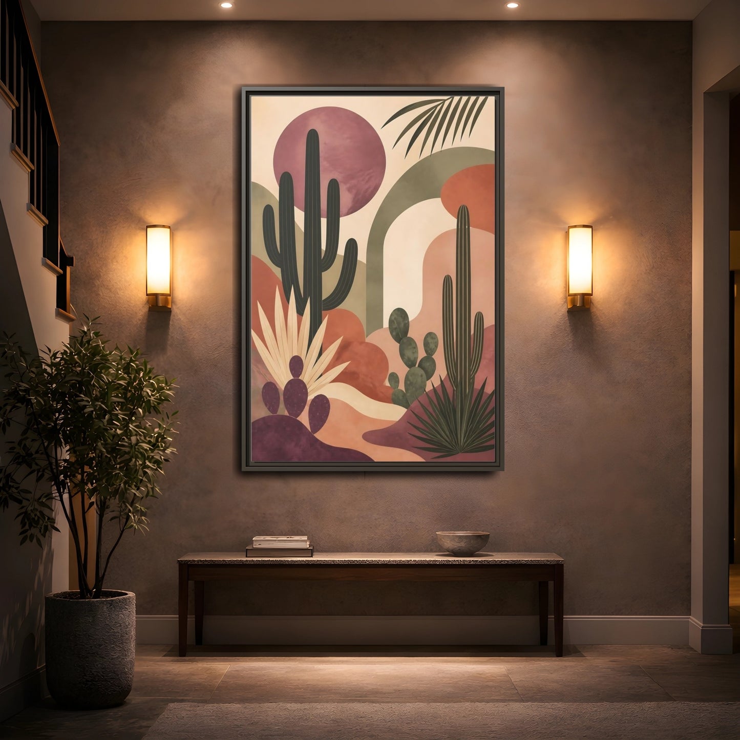 Mockup 2. Cactus Desert Sunset shown as framed canvas print