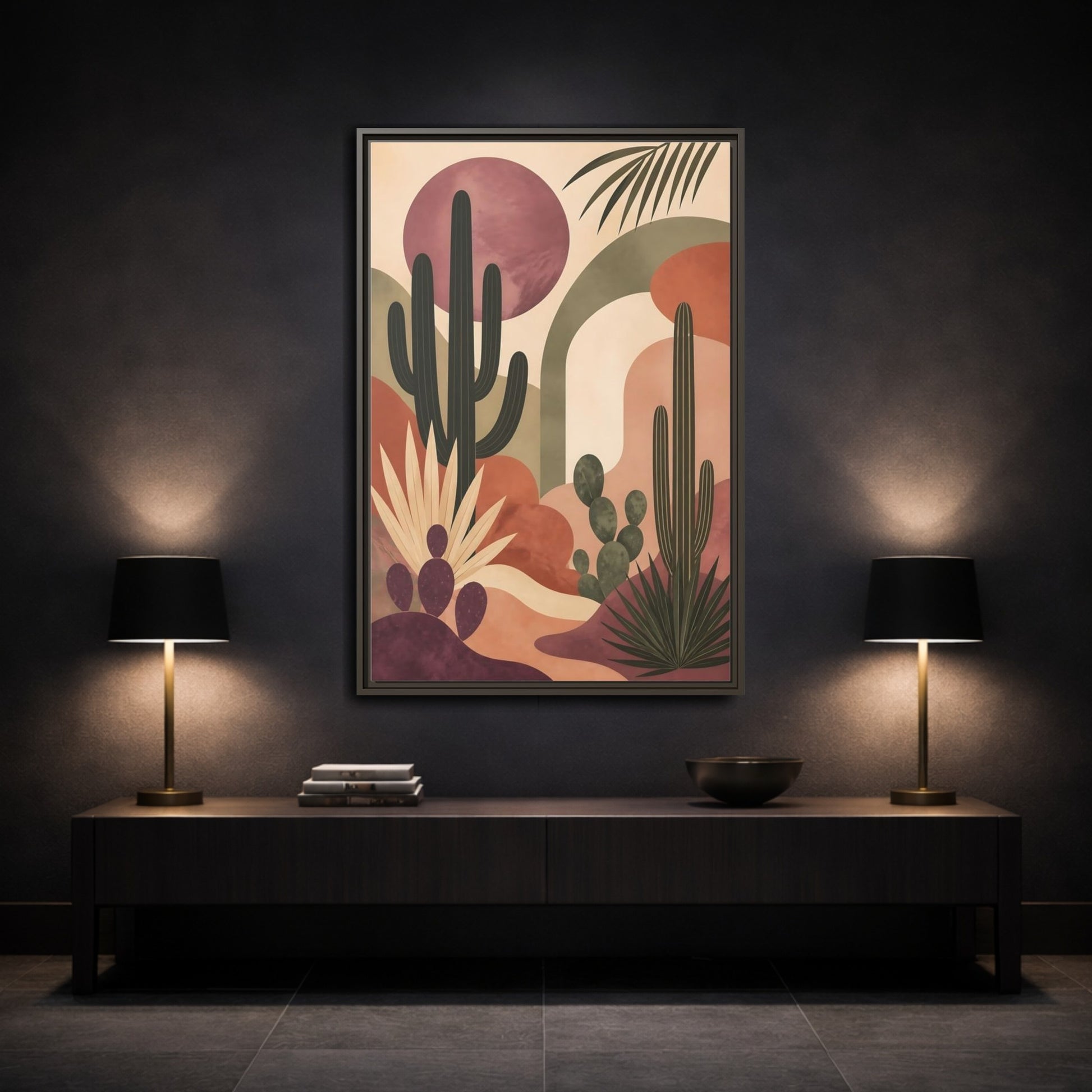 Mockup 3. Cactus Desert Sunset shown as framed canvas print