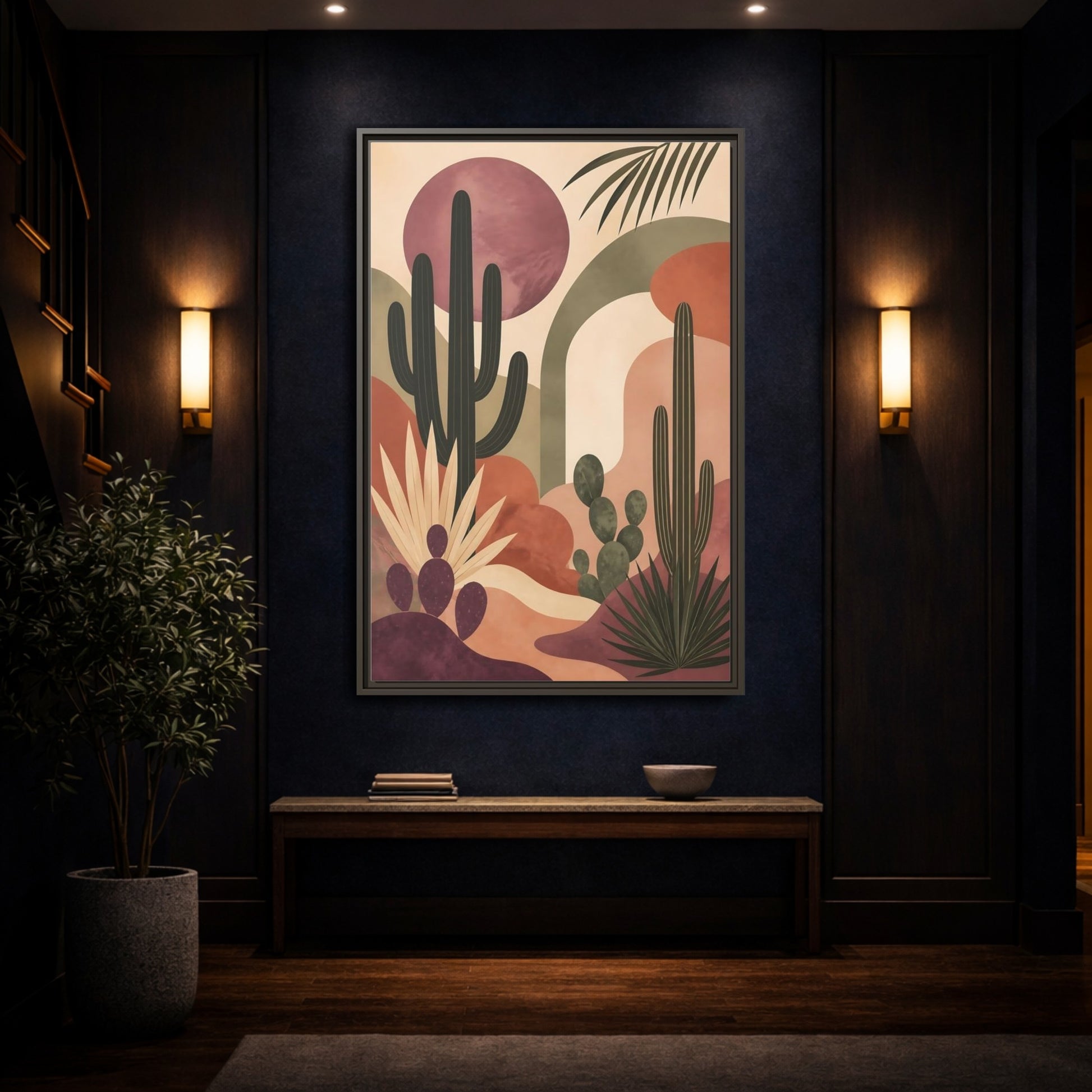 Mockup 4. Cactus Desert Sunset shown as framed canvas print