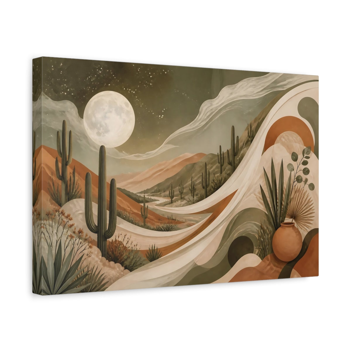 Side Mockup 4. Cactus Moon Landscape shown as canvas print