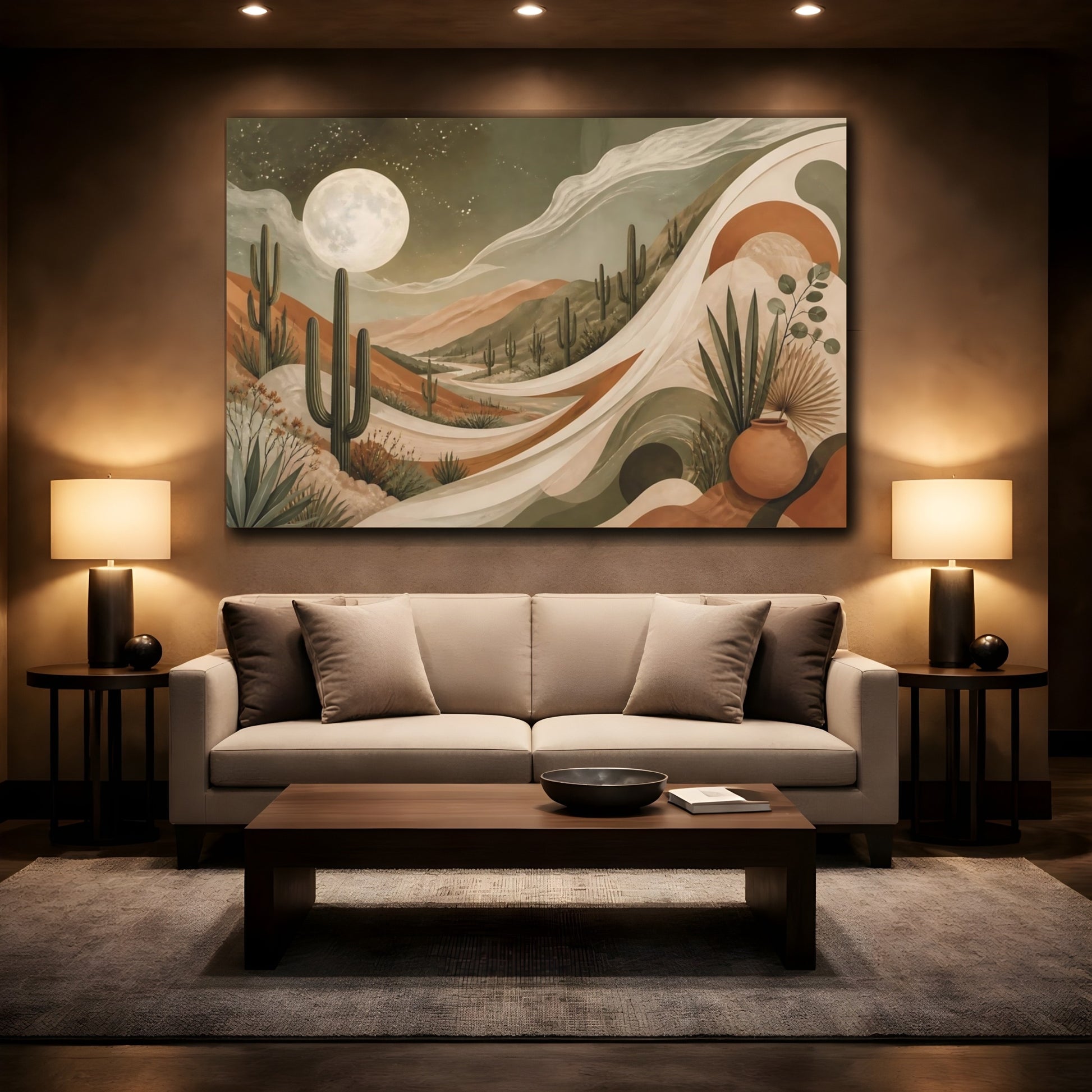 Mockup 2. Cactus Moon Landscape shown as canvas print