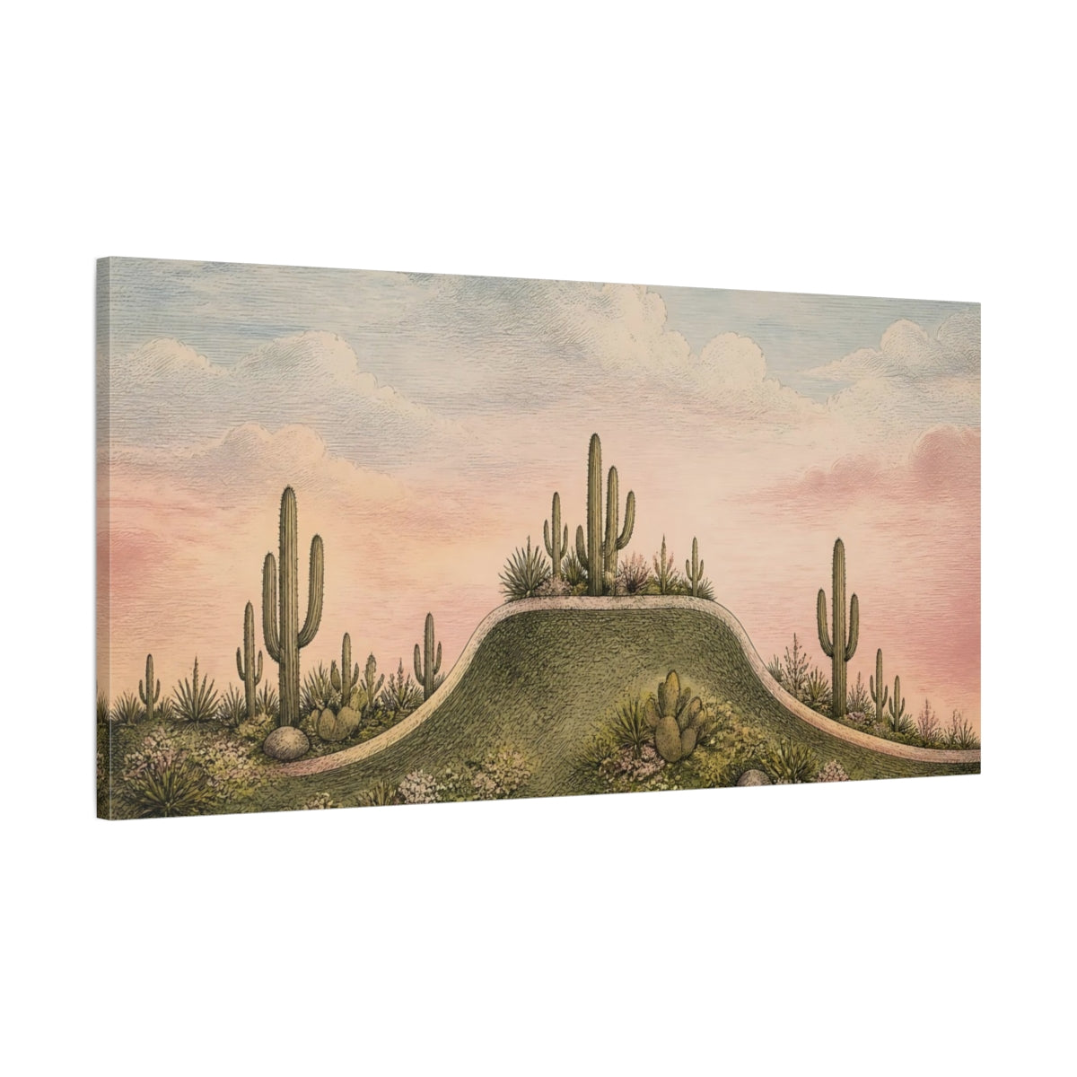 Main Mockup. Cactus Ridge At Dusk shown as canvas print