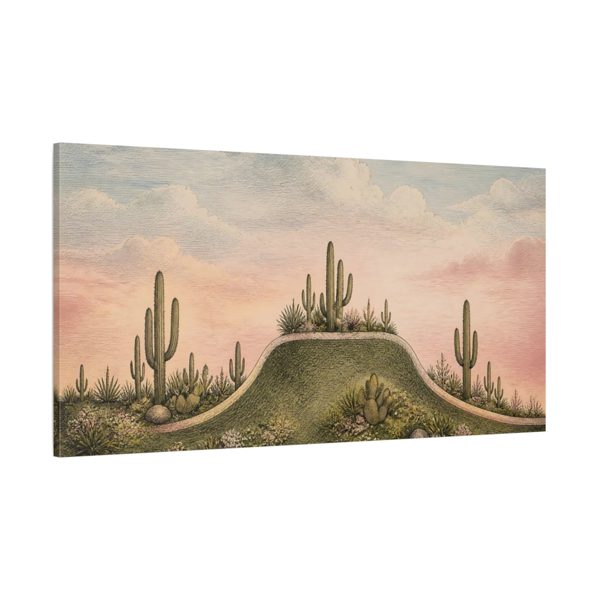 Side Mockup 2. Cactus Ridge At Dusk shown as canvas print