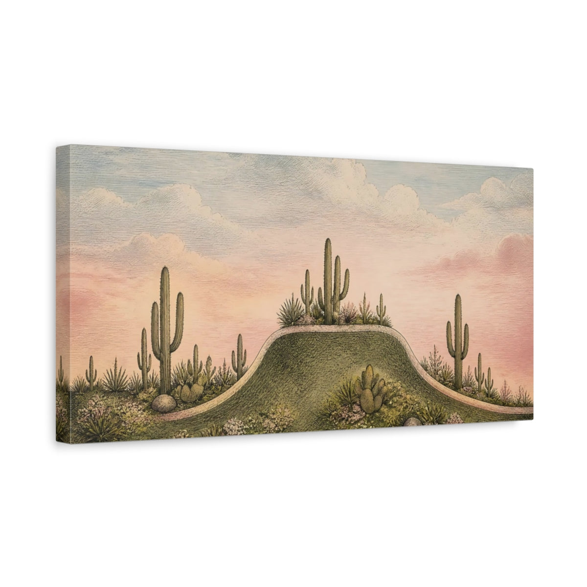 Side Mockup 3. Cactus Ridge At Dusk shown as canvas print