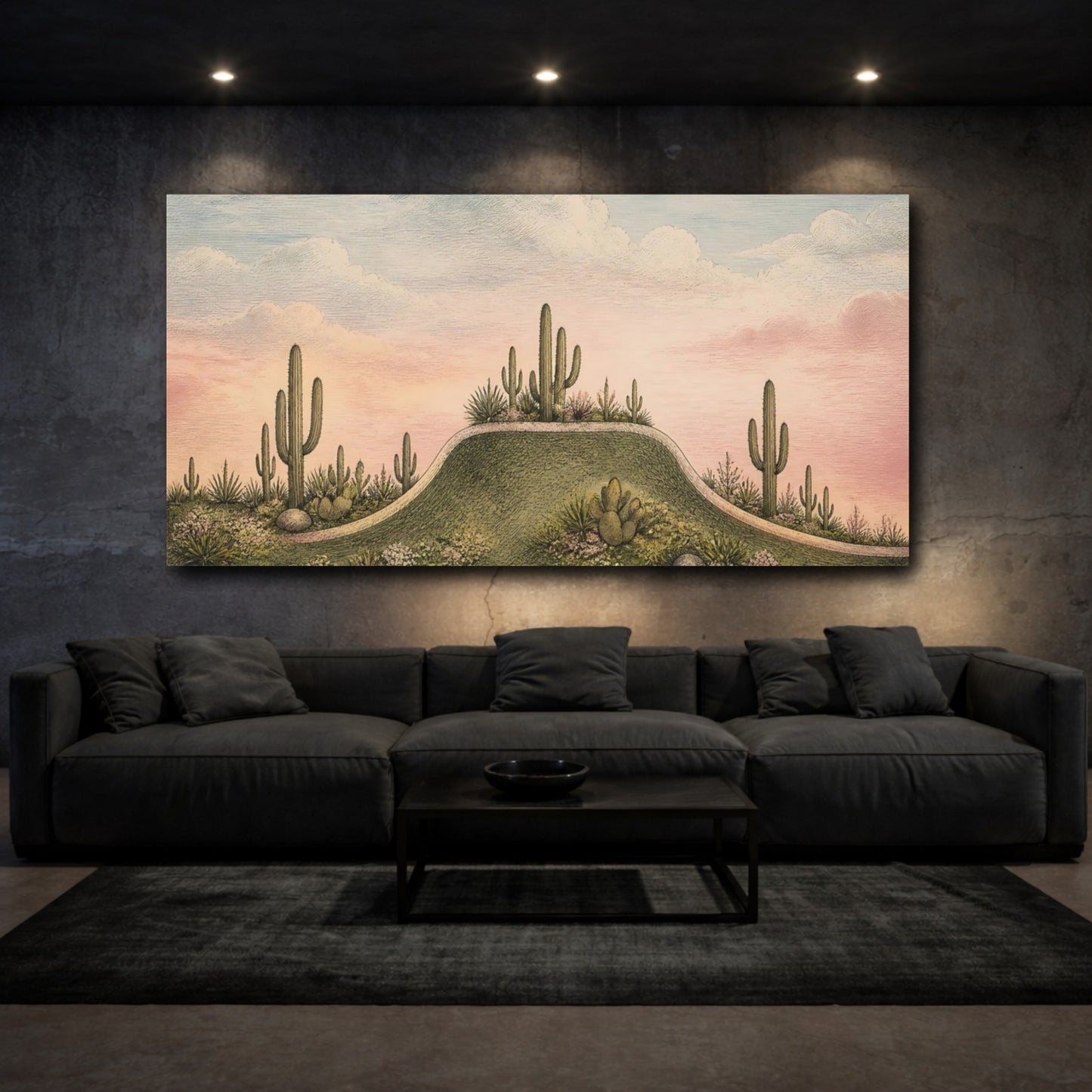 Mockup 3. Cactus Ridge At Dusk shown as canvas print